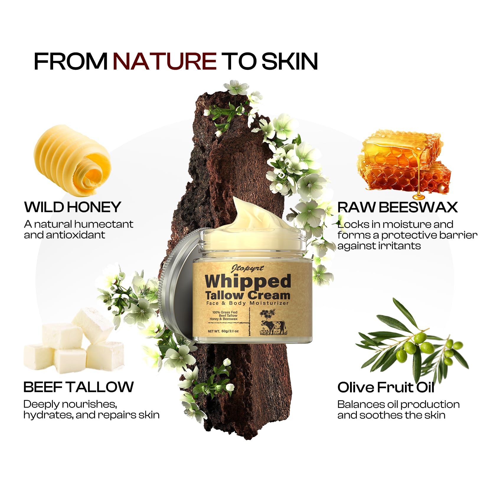 Beef Tallow for Skin: Organic Grass-Fed Tallow and Honey Balm Whipped Beef Tallow Skin Balm - Deep Nourishing Tallow Face Moisturizer for All Skin Types