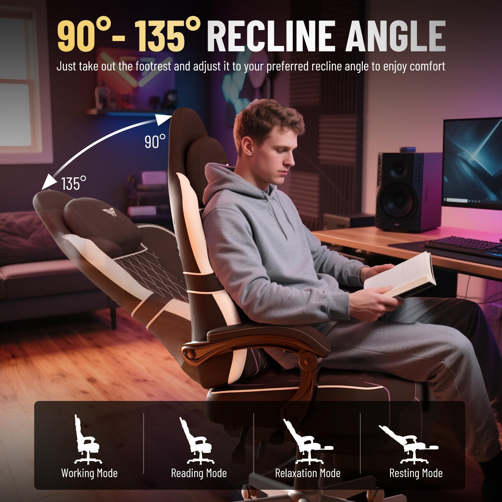 Ferghana Gaming Stuhl，Gaming Stuhl Ergonomisch，Bürostuhl aus Stoff PU-Leder, Gamer Chair mit Verstellbare Kopfstütze und Lendenkissen，Armlehnen，Fußstütze，PC Stuhl für Office Gaming (Beige,PU-Leder)