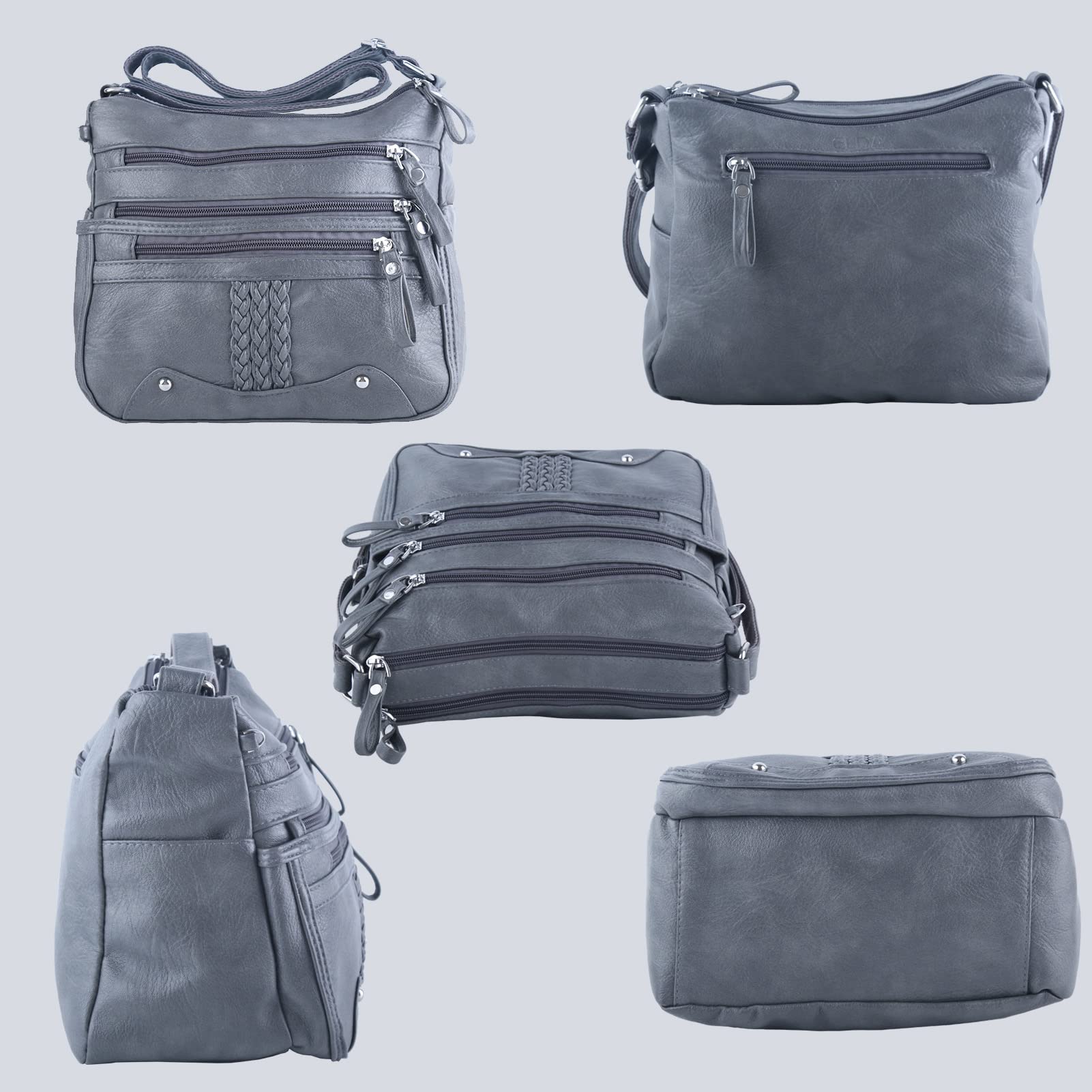 ELDA 10 Pockets Crossbody Purse for Women Medium Pocketbooks Ladies Soft PU Leather Shoulder Bag Ladies Top Handle Satchel (grey)