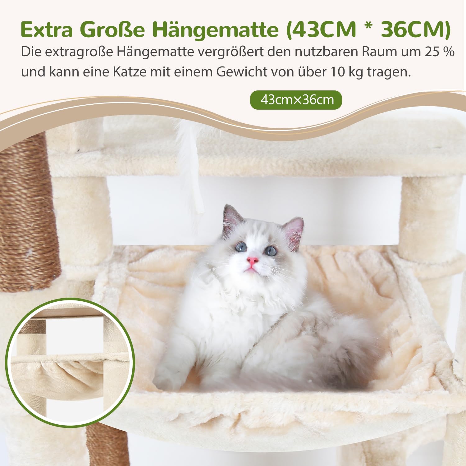 Globlazer F70 Pro Kratzbaum Groß Beige 180cm mit hängematte für 2-4 Katze | XXL Stabil Katzenbaum mit 2 Katzenhaus, Gepolsterte Plattformen, Kratzrampe Sisal, für Große Katzen Ausruhen Spielen