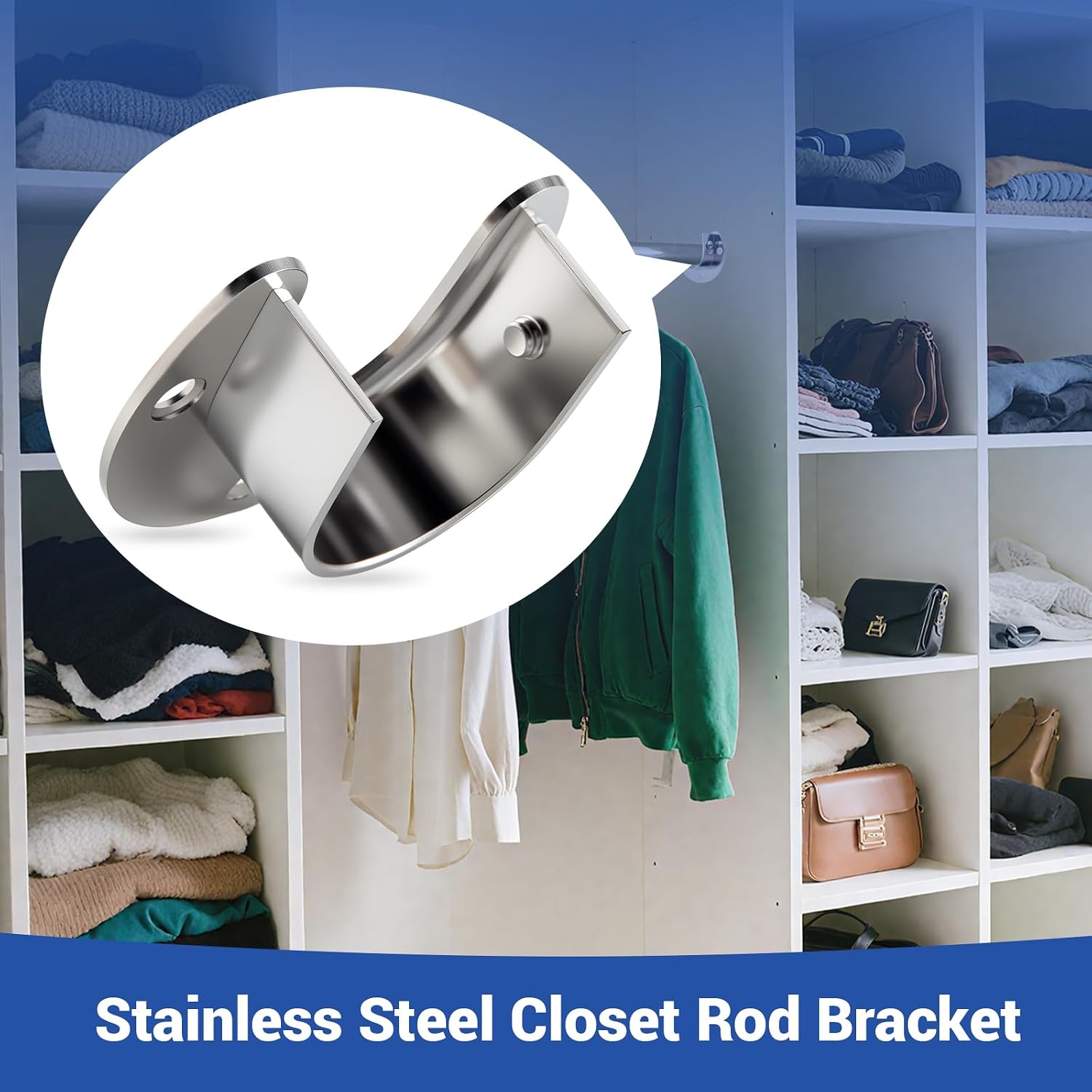 HOME MASTER HARDWARE Stainless Steel Closet Rod Bracket,Closet Rod Holders, U-Shaped Open Type Socket Bracket,1-3/8 Inch Diameter Closet Rod Holder 2 Set Silver