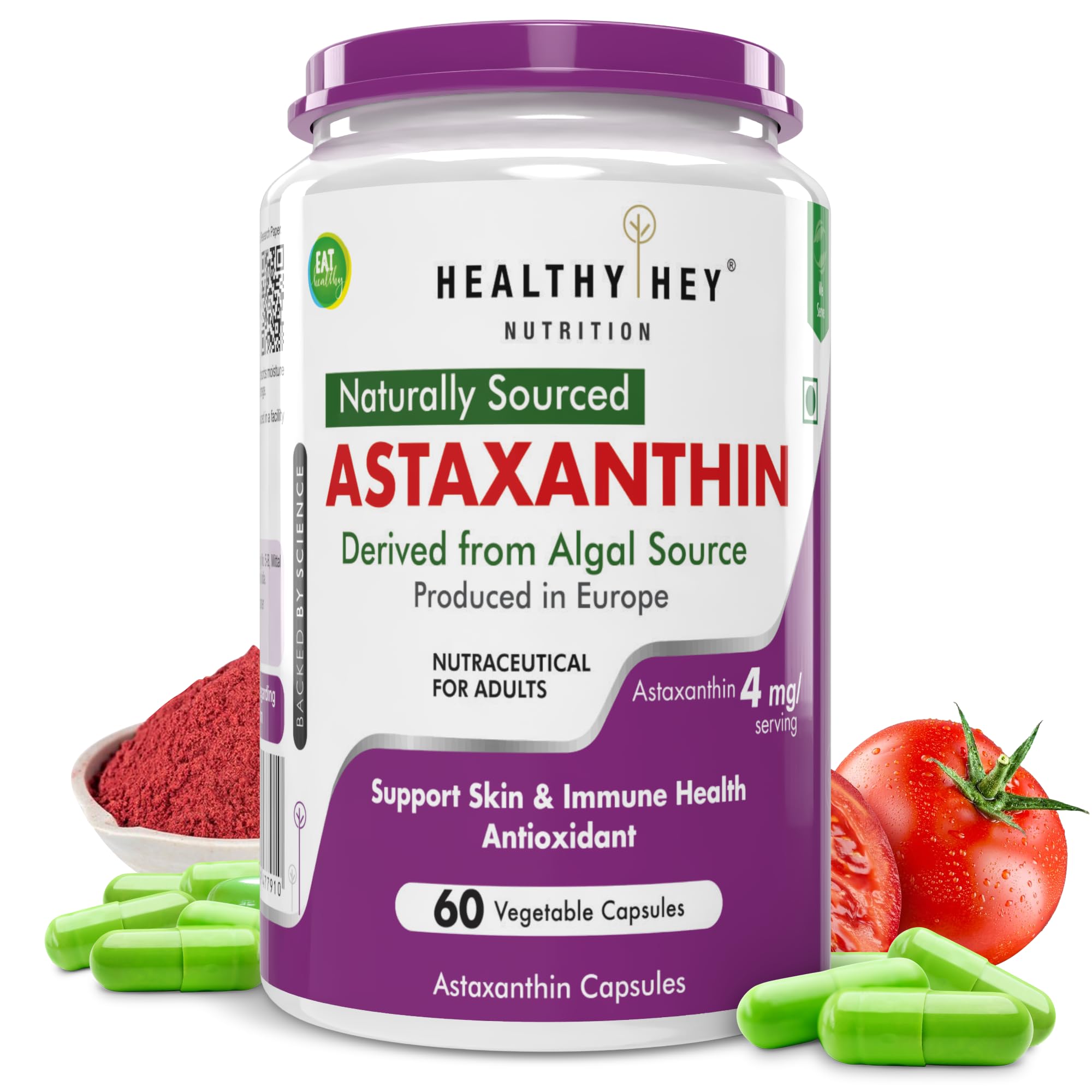 HealthyHey Nutrition Astaxanthin - Naturally Sourced from Algae - Non-Synthetic - Support Healthy Ageing -Pack Of 60 Veg Capsules (60)