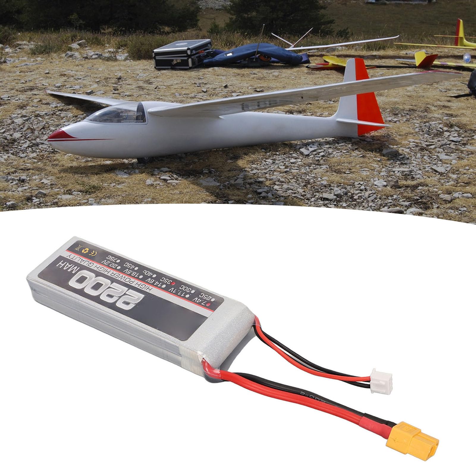 1 Pc RC Airplane Battery, LiPo Battery, 7.4V 2S 2200mAh 35C RC Airplane High Rate Lithium Battery with XH Balance Head for Replacement (XT60 Plug)