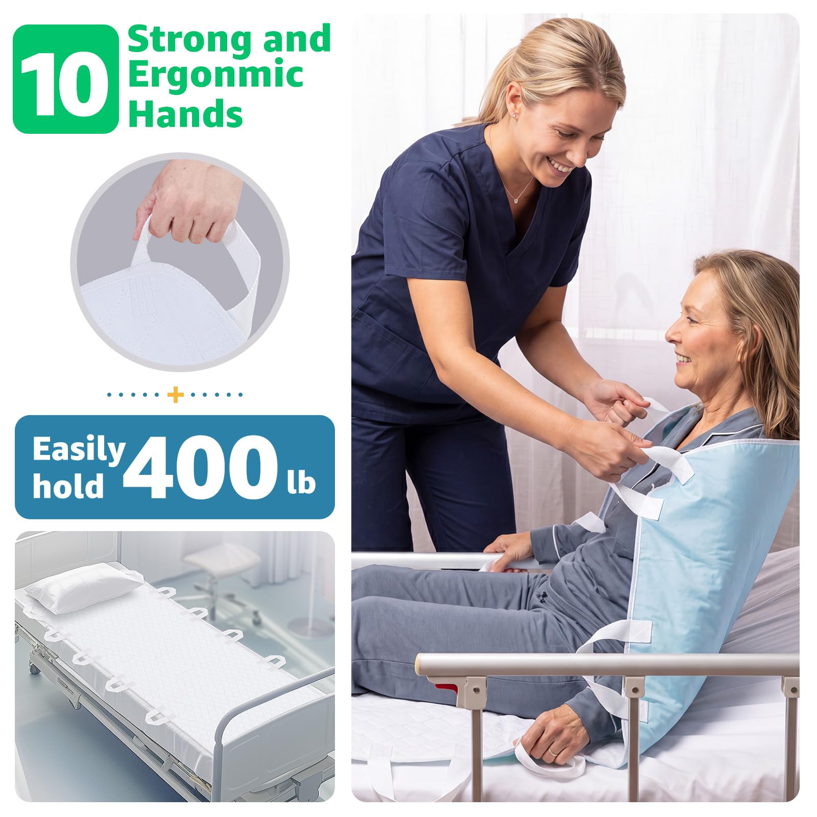 Cuscino per letto con manici, ad asciugatura rapida, 8 maniglie, lavabile, impermeabile, riutilizzabile, per anziani, costretti a letto, trasferimento, protezione materasso