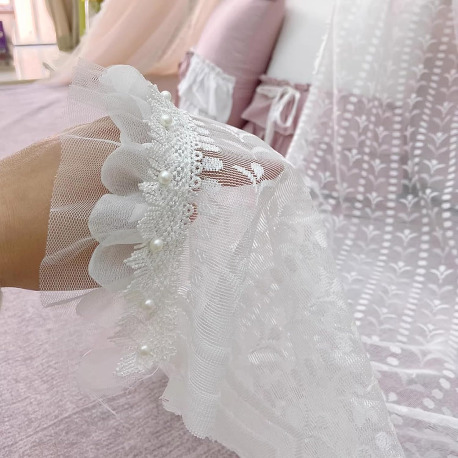 BK&MF Princess Crown Bed Canopy for Girls' Bedrooms, Romantic Lace Tulle Bed Curtain, Elegant Hanging Bed Canopy for Kids' Bed & Wedding Decor,A,120cm(48") Full
