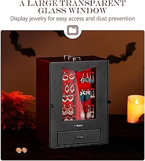 Homde Jewelry Organizer with Transparent Window Necklace Hooks Gift for Women Jewelry Box Display Case for Necklaces Rings Earrings Bracelets and Other Jewelry Accessories (Black & Red)