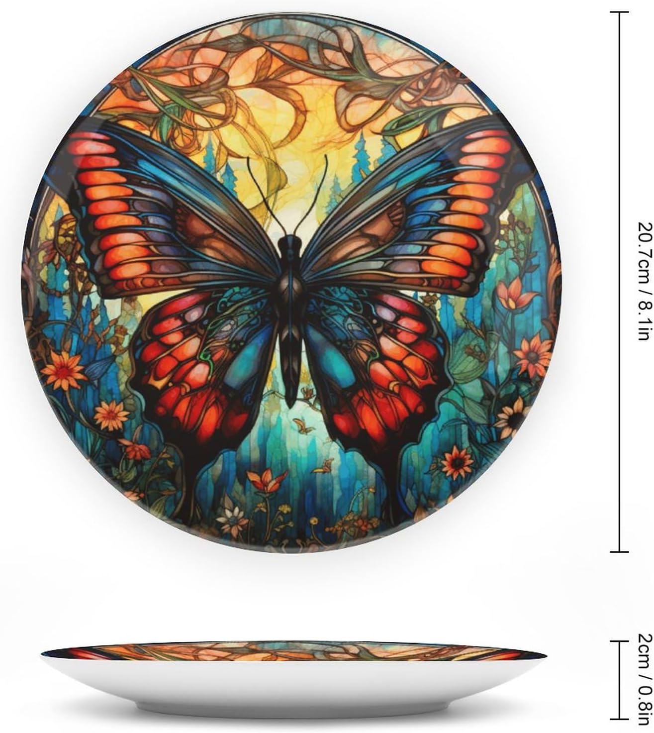 Decorative Plates, Mandala Butterfly Stained Glass Design Display Plate for Home Office Kitchen Table Decor Porcelain Plates 8 Inch, Gifts for Butterfly Lover