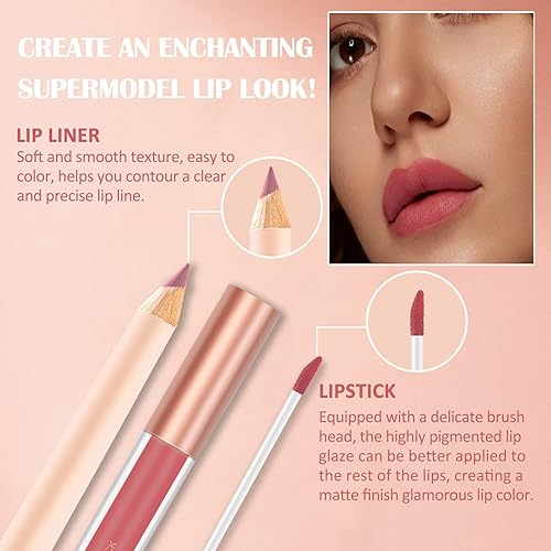 Miniatura 3 de DAGEDA Juego de 2 delineadores de labios y lápiz labial, lápiz labial líquido mate + delineador de labios a juego, kit de maquillaje de lápiz labial