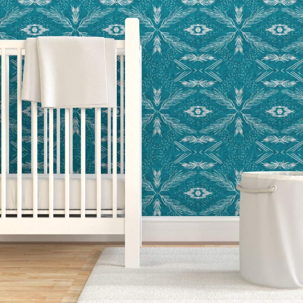 Peel & Stick Wallpaper 6ft x 2ft - Geo Teal Jungle Leaf Palm Boho Ikat Blue White Bohemian Custom Removable Wallpaper by Spoonflower