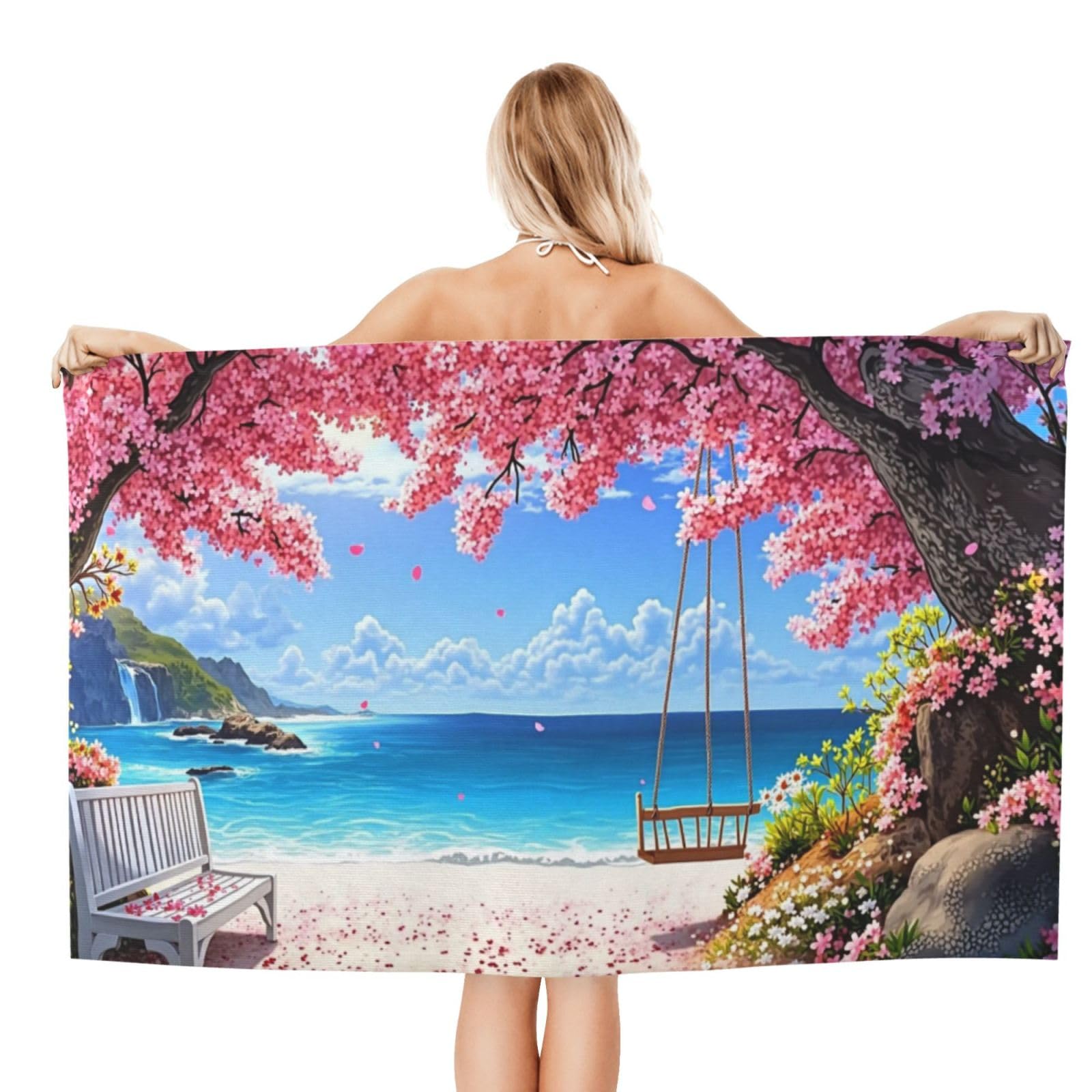 Anceky Beach Towel for Women, Cherry Blossom Beach Swing Sand-Free Microfiber Ultra Soft Lightweight Bath Towels for Outdoor Bathroom Swimming 32"X52"