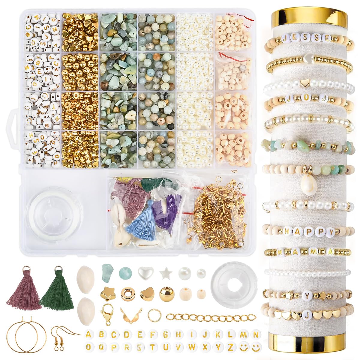 Beads Bracelet Making Kit 1680PCS, Friendship Bracelet Making Kit, Natural Stone Crystal Pearl Beads Clay Alphabet Bead Wooden, Polymer Bead for Jewellery Makings Kits with Charms for Women Teen Girls