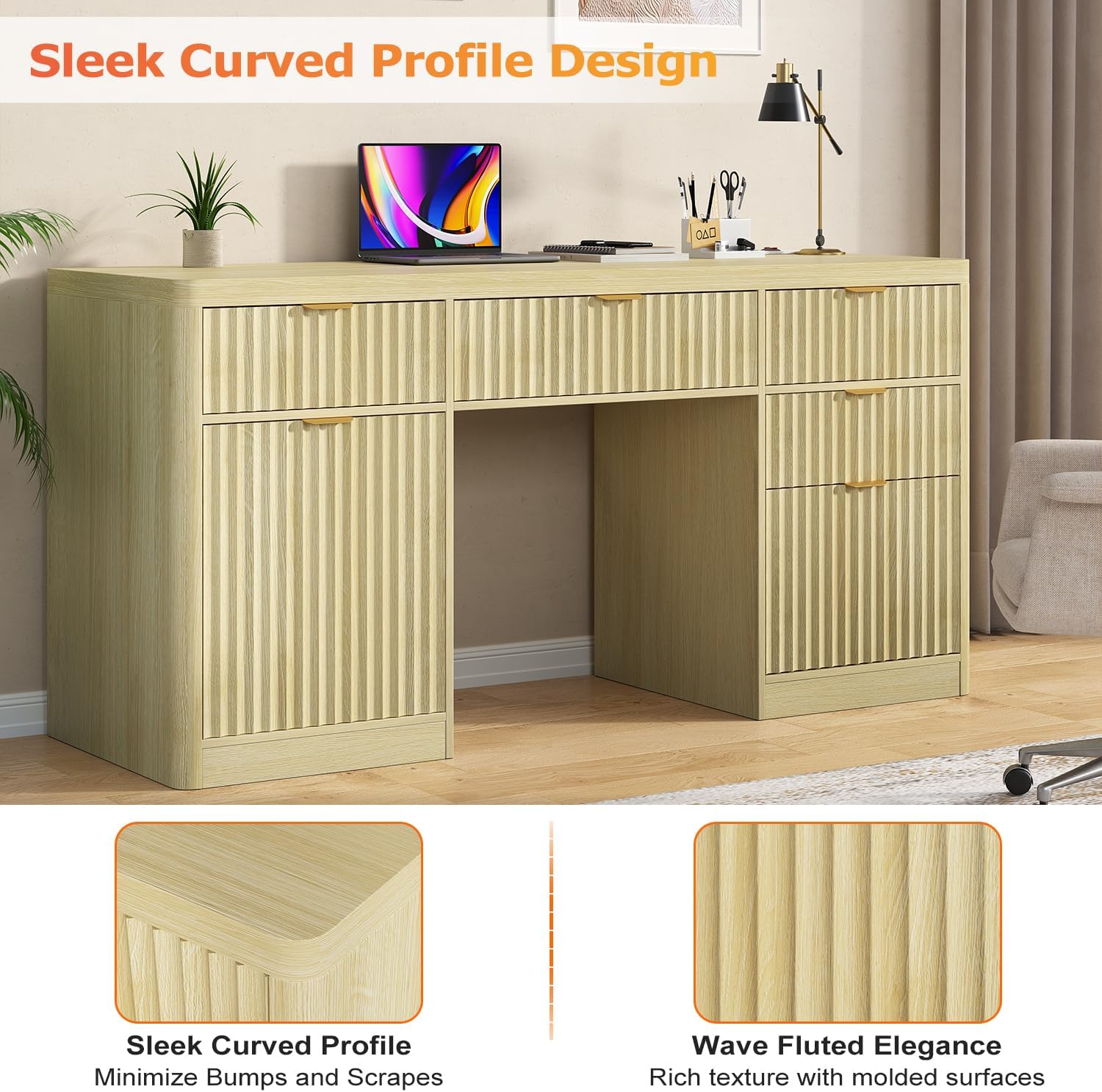 58" Fluted Executive Desk with Storage & Charging Station Wood Modern Home Office 4 Drawers 1 File Cabinet Storage Computer Writing for Work Living Room Bedroom, Natural