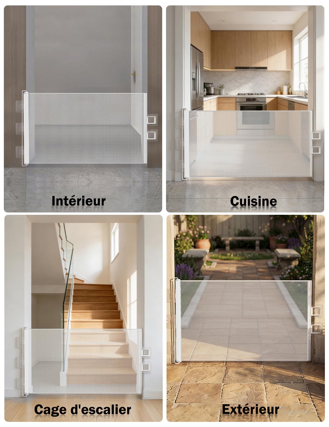 Barrière de Sécurité Chien Enfant Rétractable Extensible (110cm Blanc) | Sans Perçage, Pour Escaliers Portes Couloirs, Intérieur Extérieur, Hauteur Ajustable