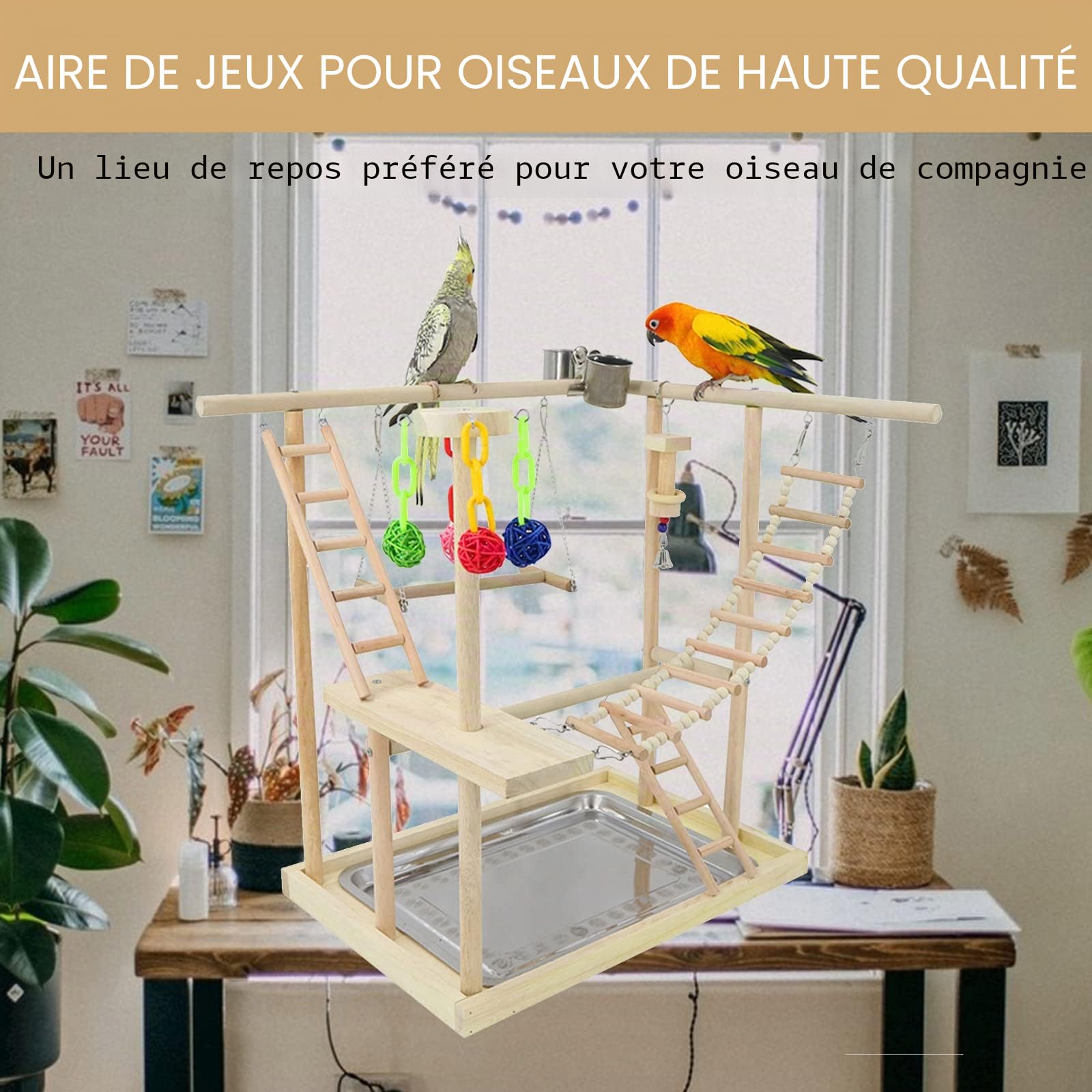 Joyeux grand ensemble d'aire de jeux pour perruches Bol de nourriture en acier, balançoire, échelle en bois, jouet coloré en rotin, plateau en acier