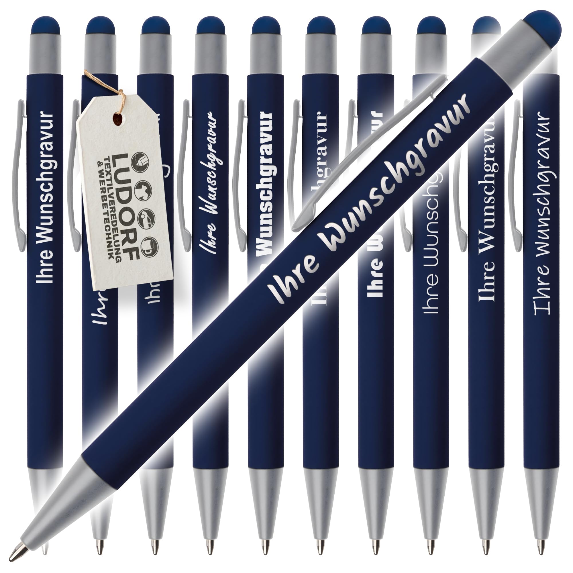 GRIP Kugelschreiber mit Touchfunktion – 50er Set Kullis mit Gravur | Personalisierter Kulli gummiert | Stift mit Gravur mit blauer Mine (DUNKELBLAU, 50)
