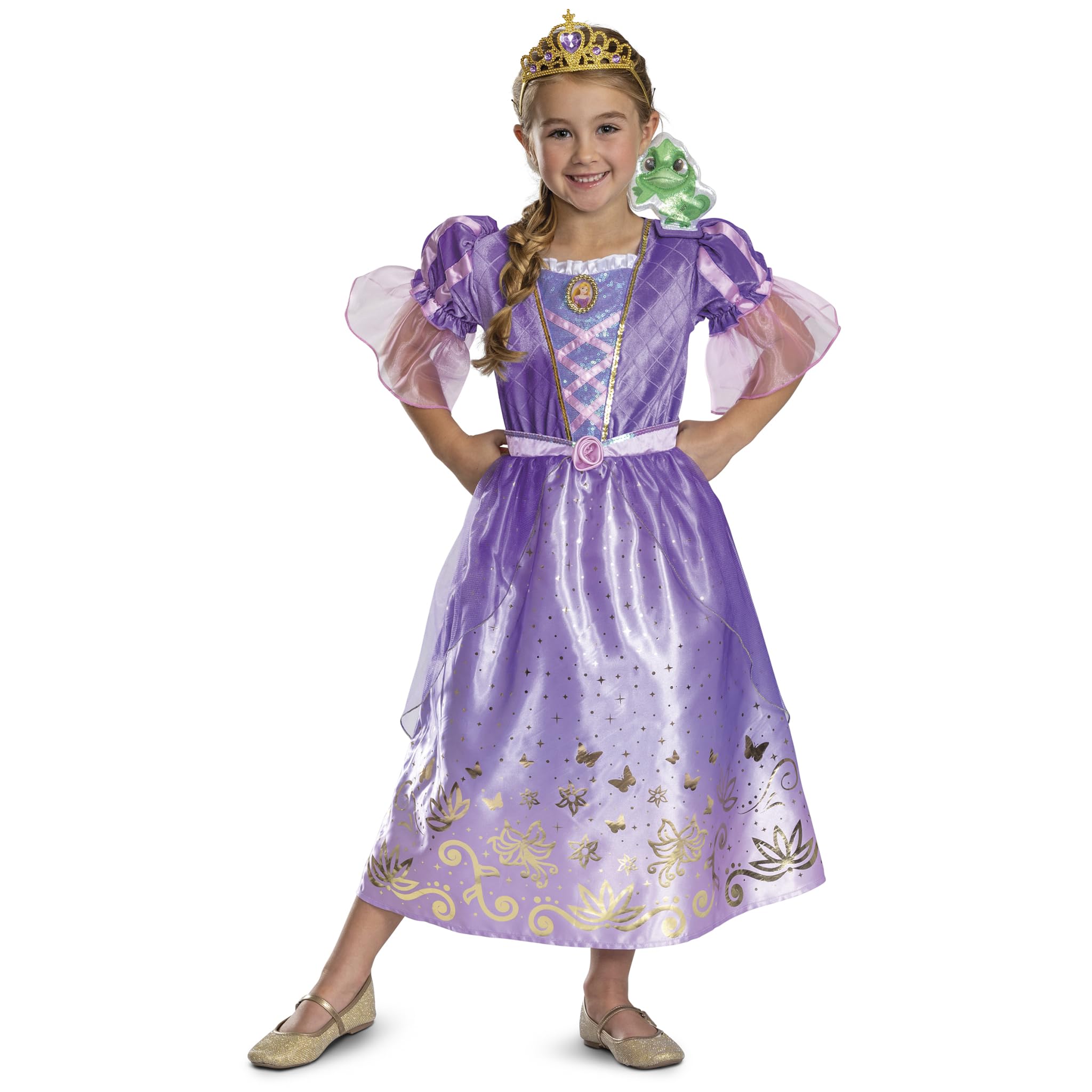 Disney Princess Disguise Rapunzel and Pascal Fancy Dress for Girls, Official Deluxe Costume for Kids, Includes Adorable Pascal Shoulder Sitter, For 3-4 Years