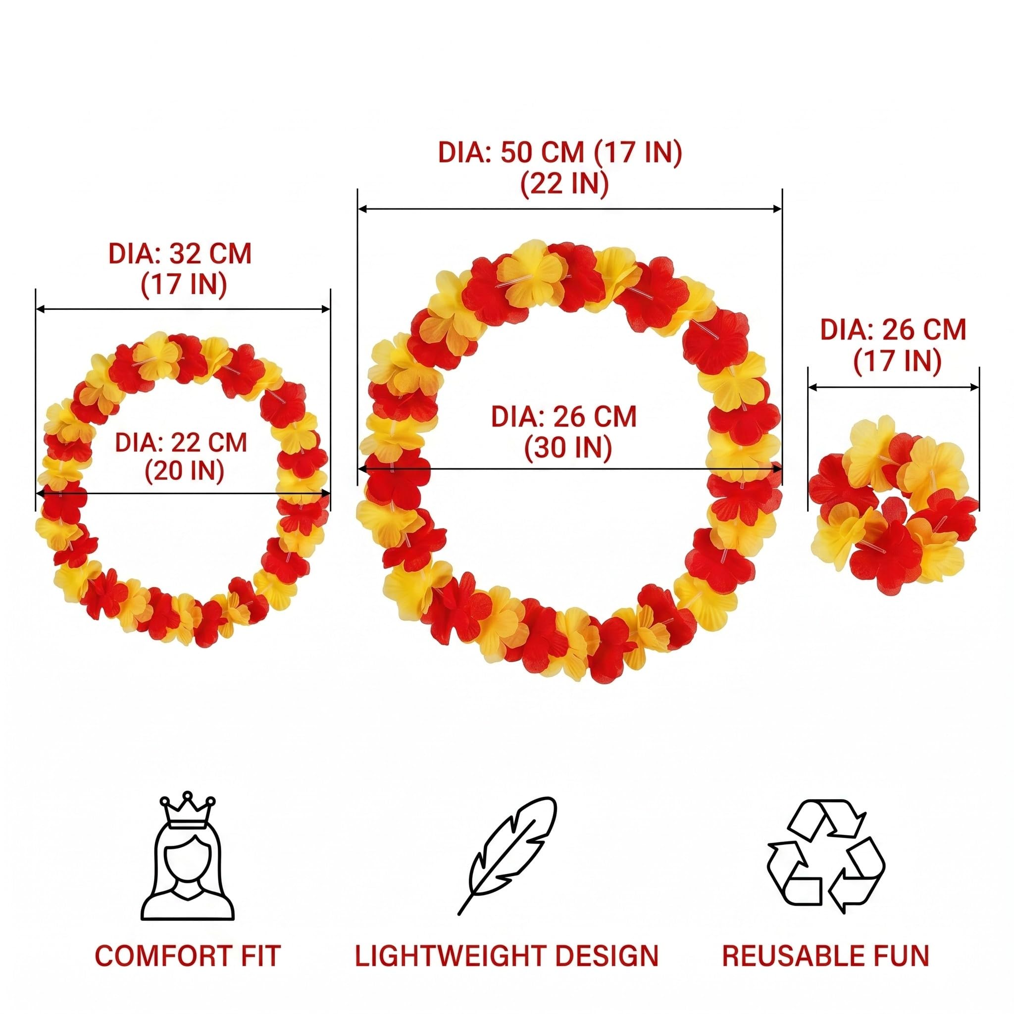 Lot de 3 Kits Supporter Football 12 Pièces, collier hawaien fleurs jaune et rouge, accessoire de fête pour fans de football, 3 colliers, 3 serre-têtes et 6 bracelets