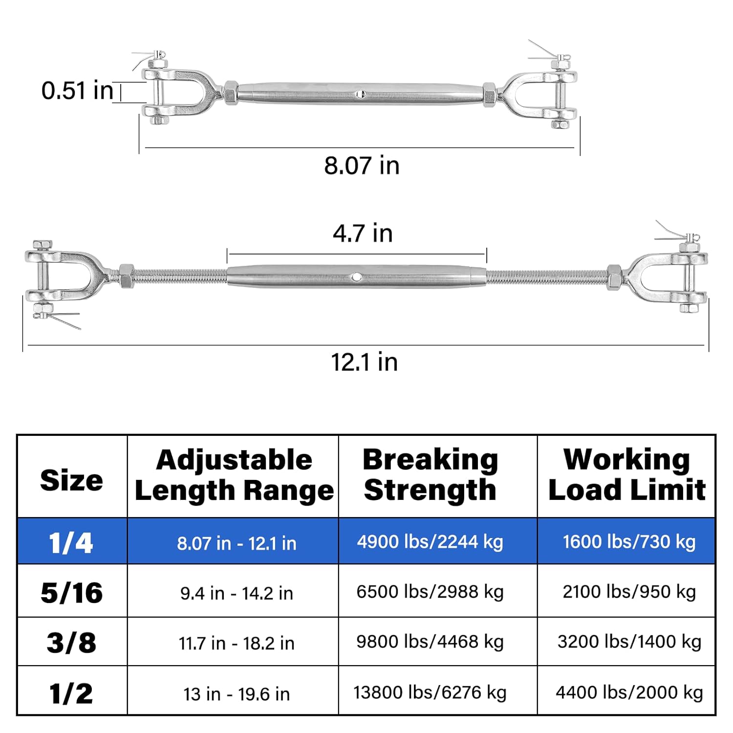 4PCS Turnbuckle, 1/4" (M6) 304 Stainless Steel Turnbuckle, 1600lbs Working Load Limit, Closed Body Jaw and Jaw Turnbuckles for Cables Wire Tensioning, Shade Sail, Clothesline, String Lights - Image 4