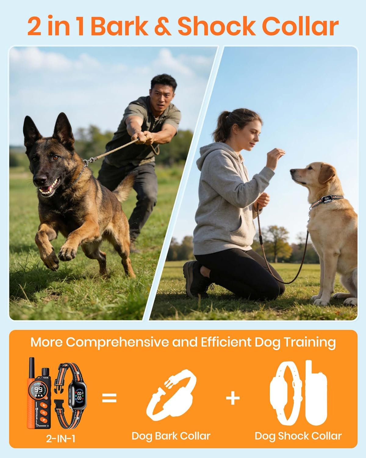 2-in-1 Bark Shock Collar 2 Pack - Color Screen Dog Training Collar with Beep/Vibration/Shock/Anti Bark 4 Modes for 2 Dogs, 3300FT Waterproof E Collar with Remote for Small Medium Large Dogs(8-120lbs)