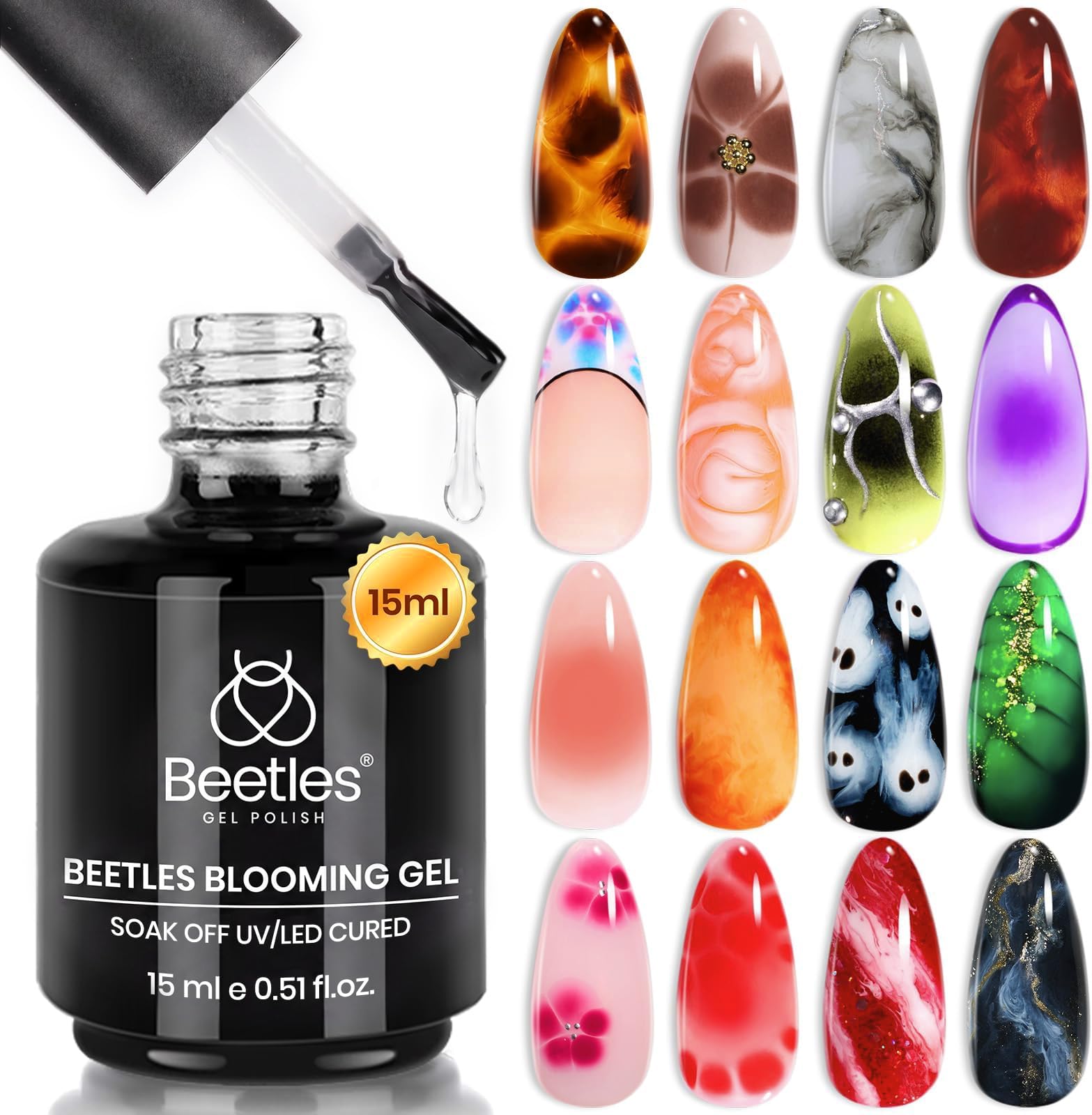 Beetles Blooming Gel 15ml Clear Uv Led Blossom Christmas Nails Gel Polish for Spreading Effect Marble Natural Stone Watercolor Floral Print Soak off Diy Nail Art Design Manicure Gift for Women