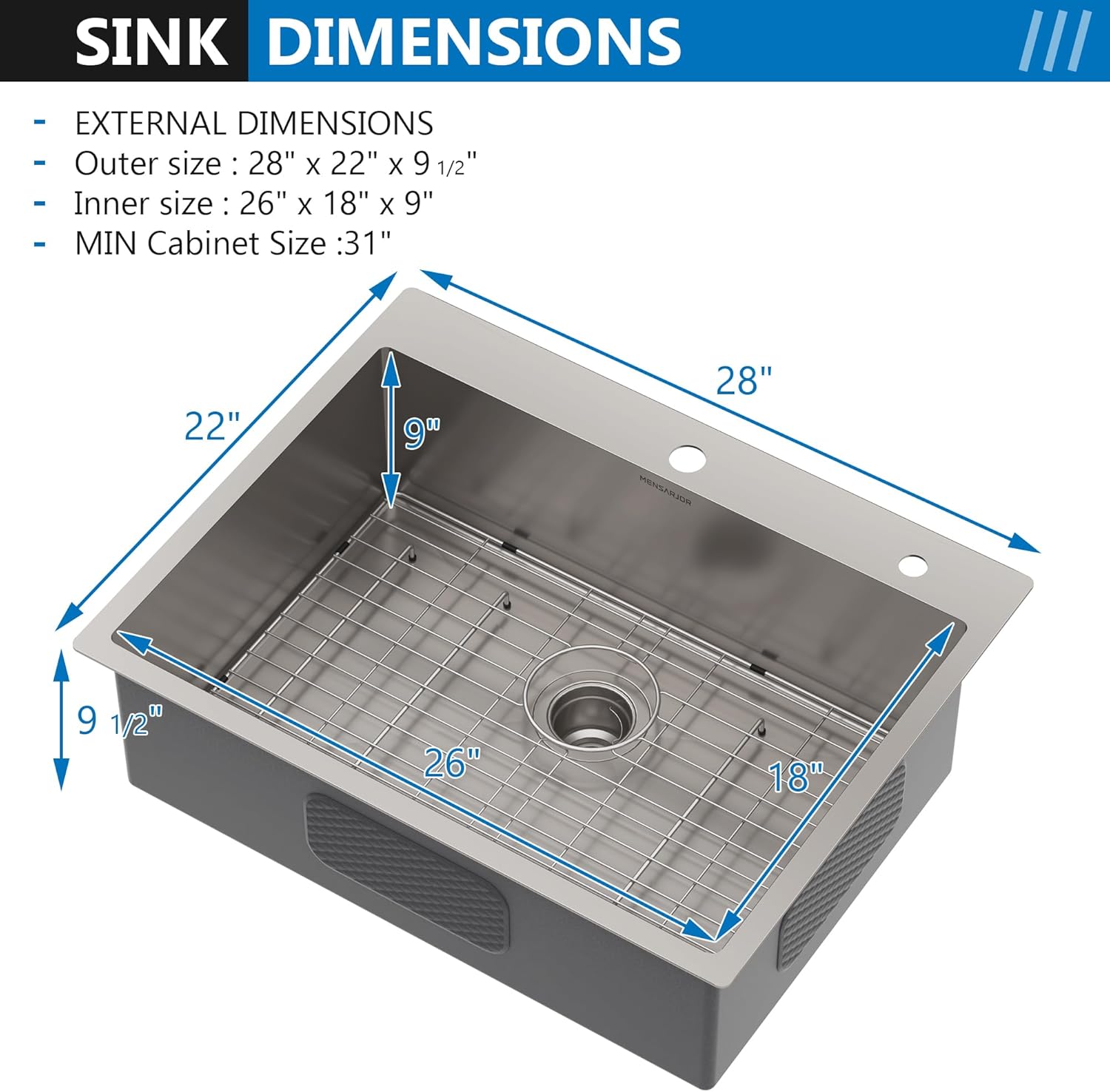 MENSARJOR 28 x 22 inch Topmount Kitchen Sink, 16 Gauge Stainless Steel, Handmade for Kitchen, Bar, or Outdoor Use