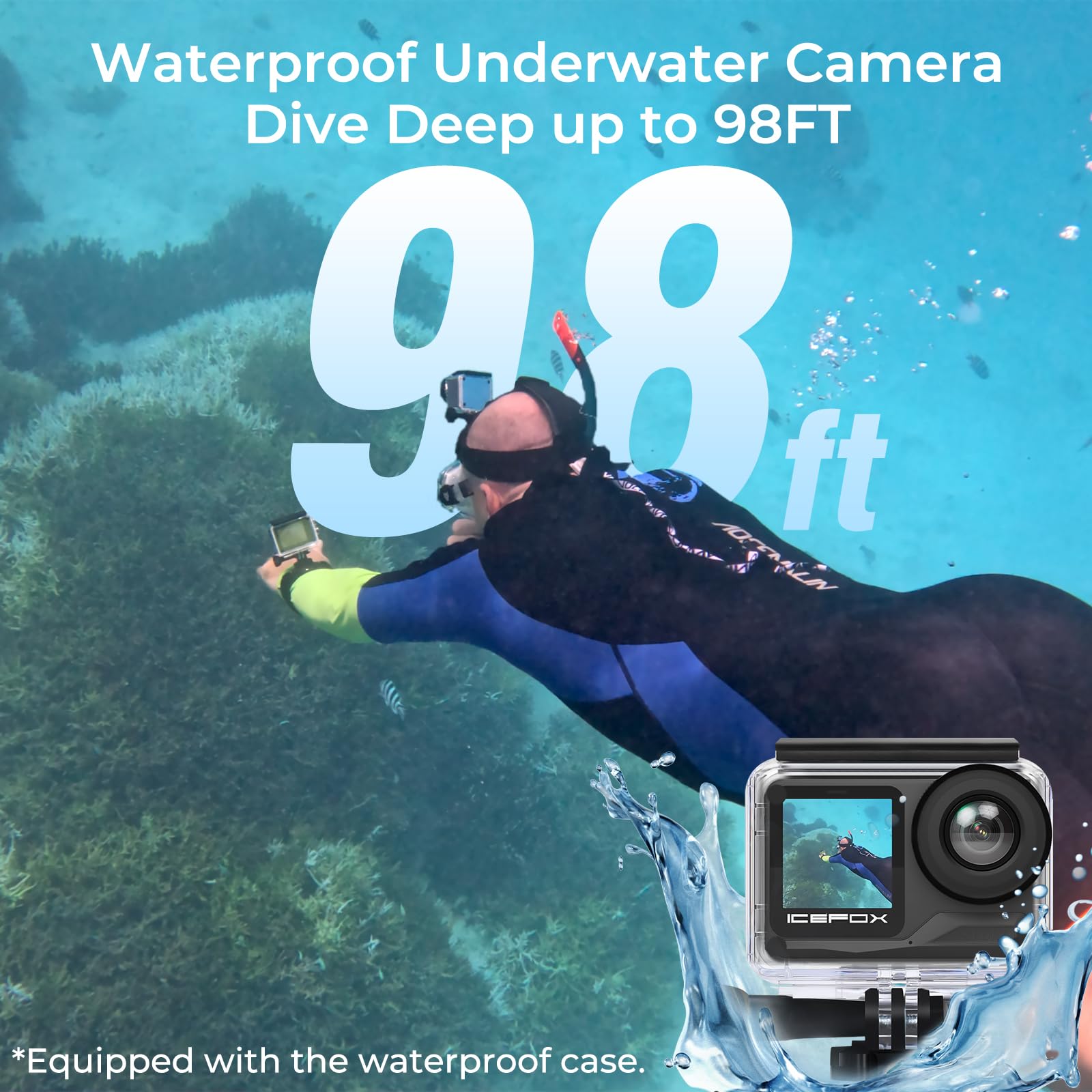 icefox i7 Action Camera 4K 60FPS 30MP with 2X 2150mAh Batteries, Underwater Camera with 5X Zoom, EIS, Powered by Snappro App,Support Video&Photo Editing,Waterproof, WiFi Remote Control