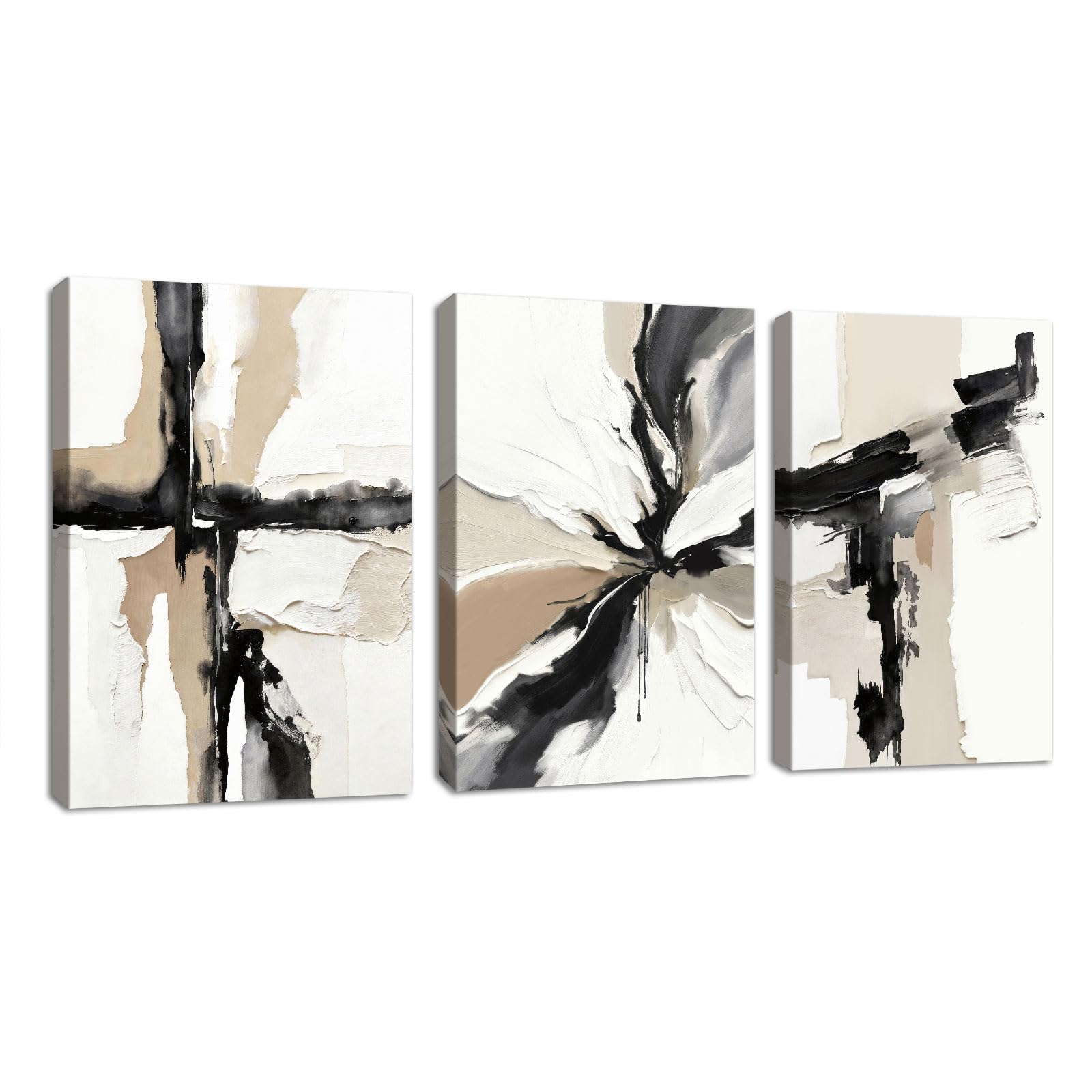 Neutral Abstract Framed Canvas Wall Art Set of 3, Modern Black and White Beige Canvas Prints Paintings Artwork for Walls, Minimalist Pictures Wall Decor for Living Room Bedroom Office 50x70cmX3