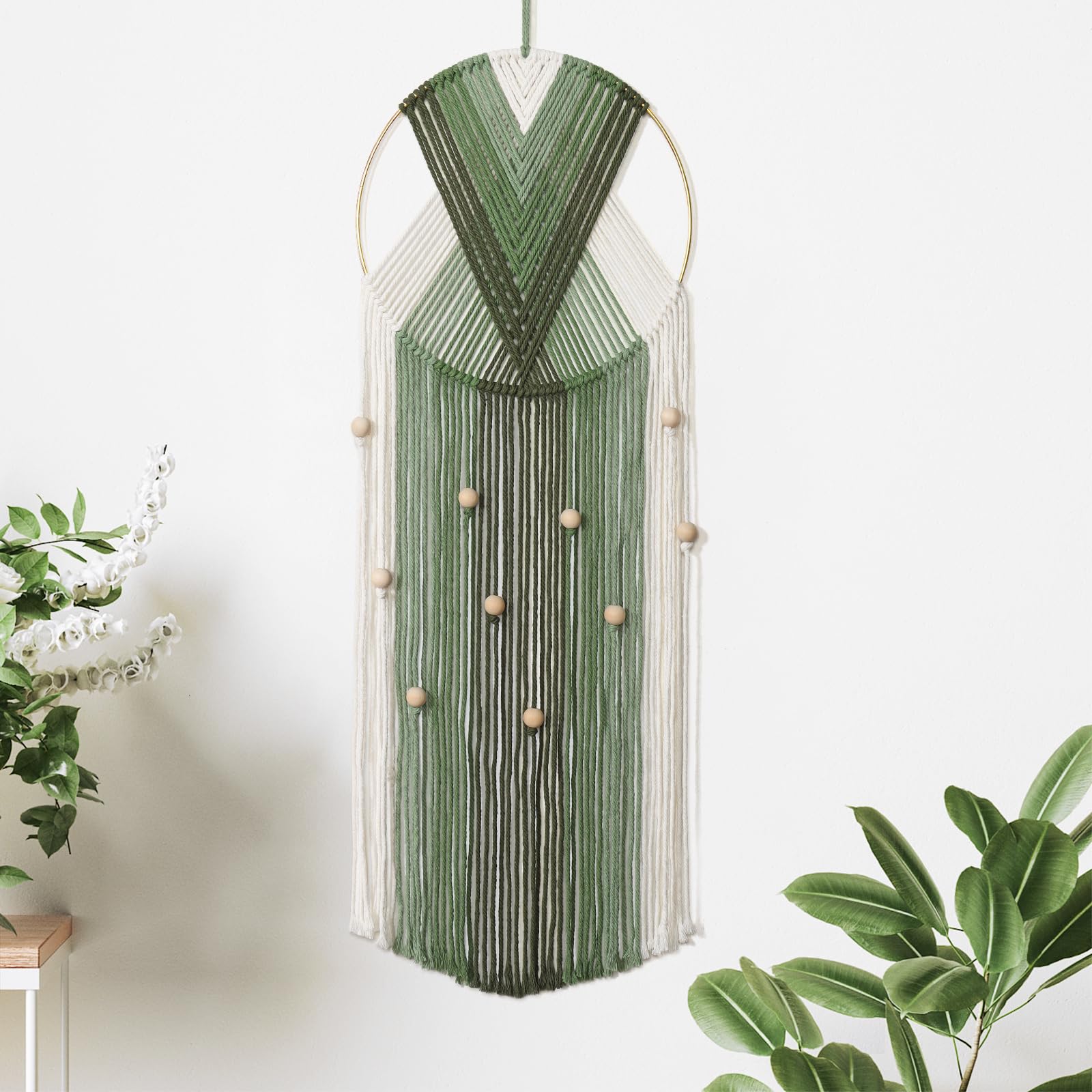 Macrame Wall Hanging Green Beige Wall Art Tapestry Boho Wall Decor Dream Catchers Handmade Woven Cotton Rope Tassel Aesthetic with Wooden Bead for Bedroom Living Room Office Apartment Ornament