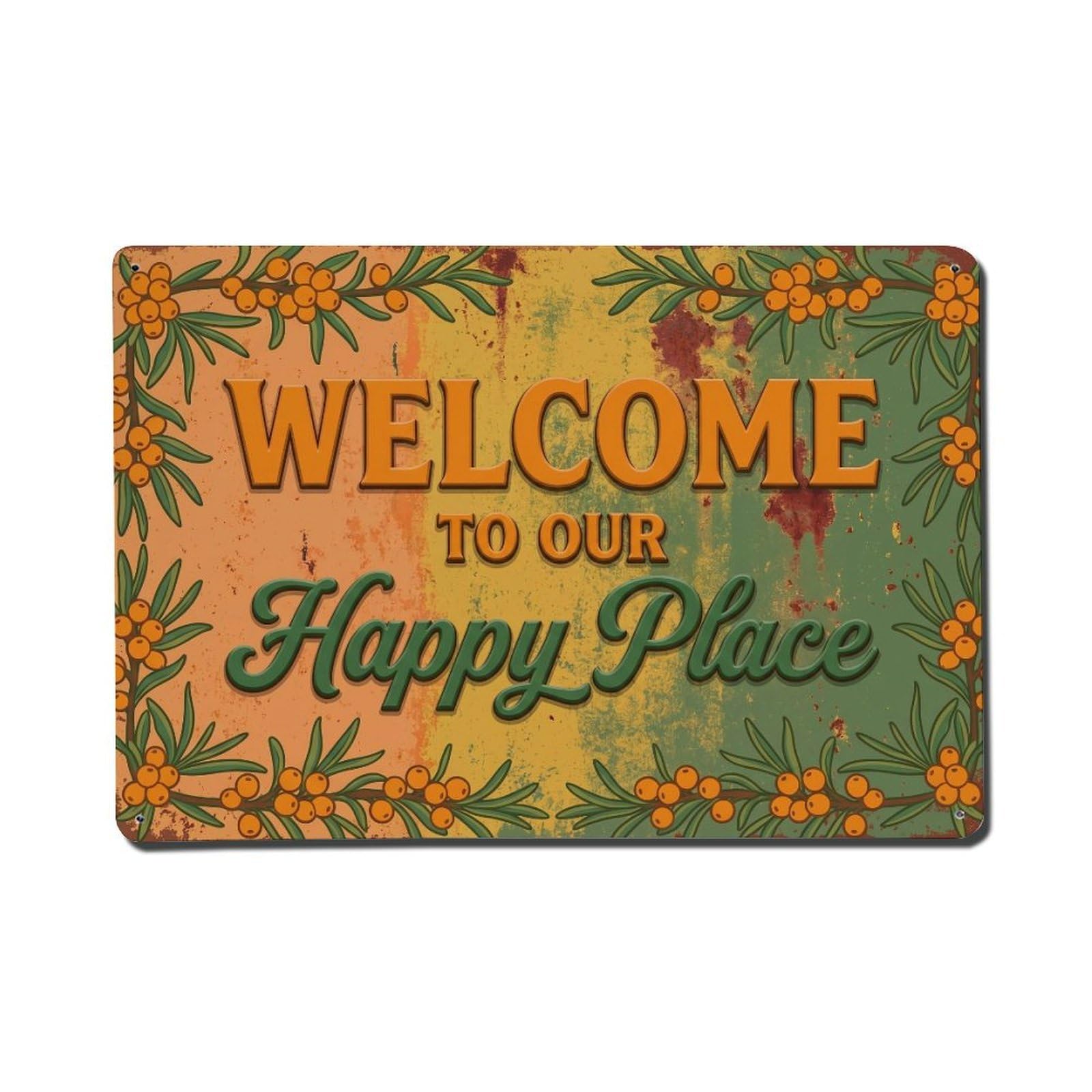 Okngb Style Serviceberry Fruit Welcome Happy Place Rustic Garden Metal Tin Sign Plaque Wall Decor For Cafe, Man Cave, Club Bar, Office, Home Garden Round Metal Poster 8X12inch