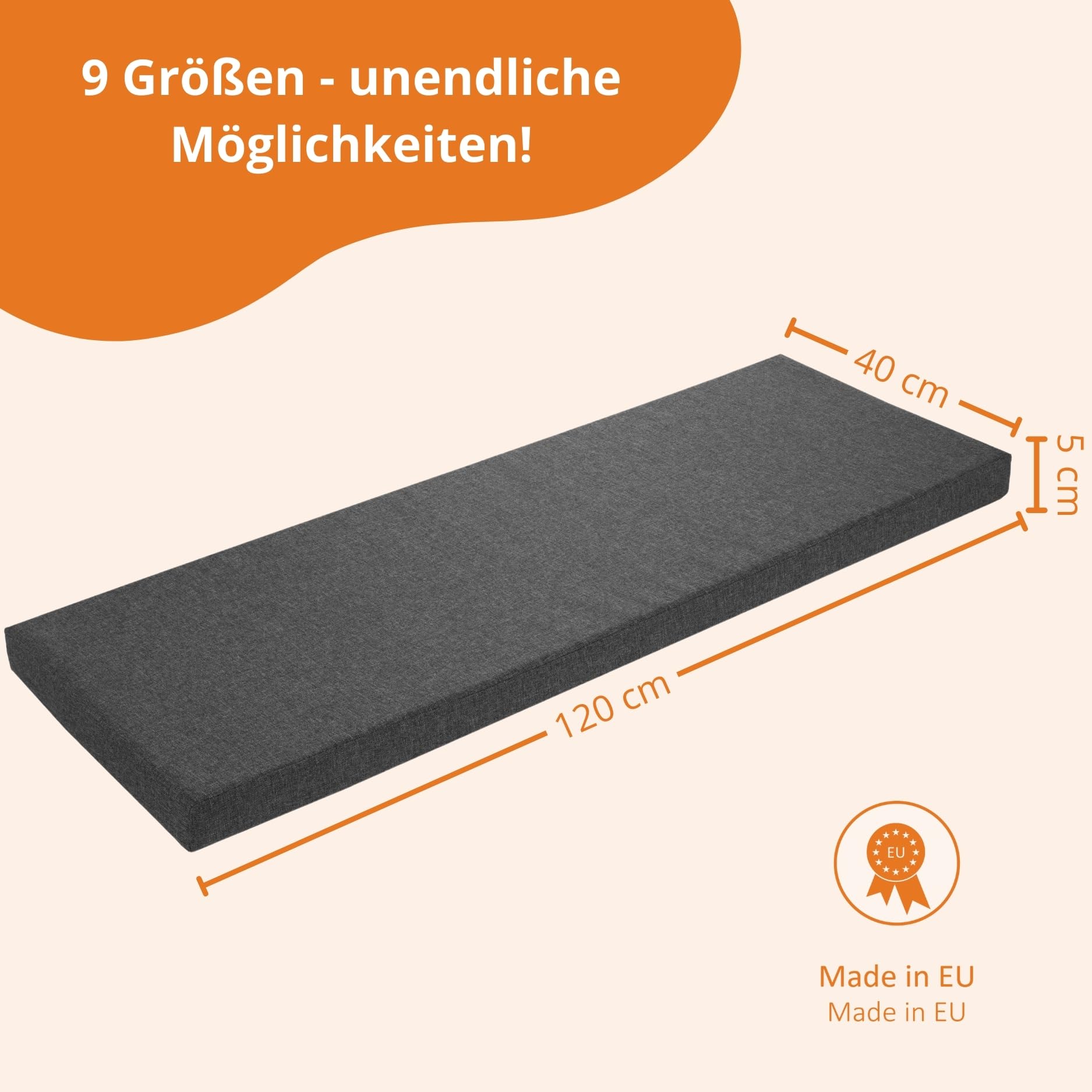 sleepling Bankauflage 120x40 cm dunkelgrau, Sitzkissen Outdoor & Indoor, Bankpolster, Bezug waschbar, Unterseite Antirutsch, Made in EU