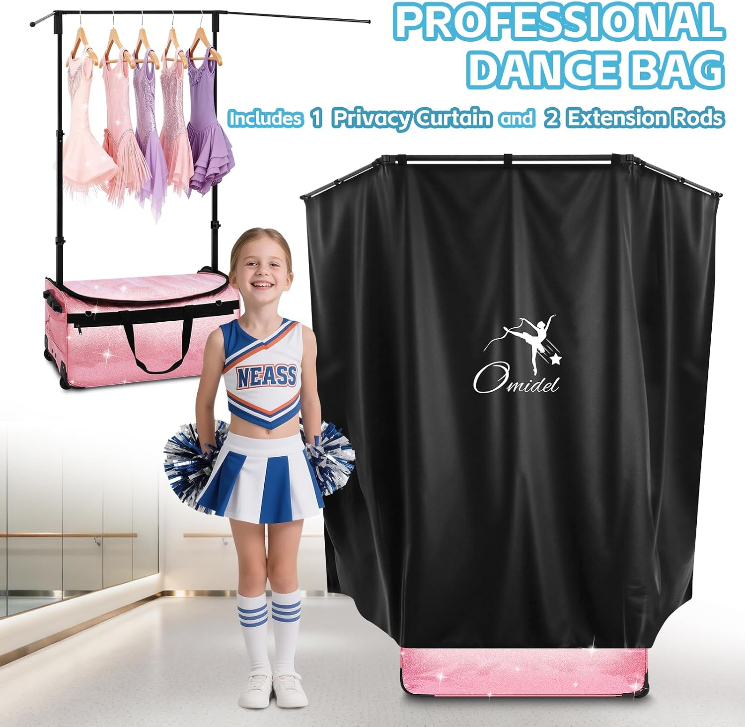 Dance Bag with Garment Rack and Curtain | 23" Sparkling Dance Competition Duffle Bag with Rack & Wheels | Upgraded Stable System | Ideal Rolling Dance Suitcase for Dancer Cheerleader Gymnast Traveler