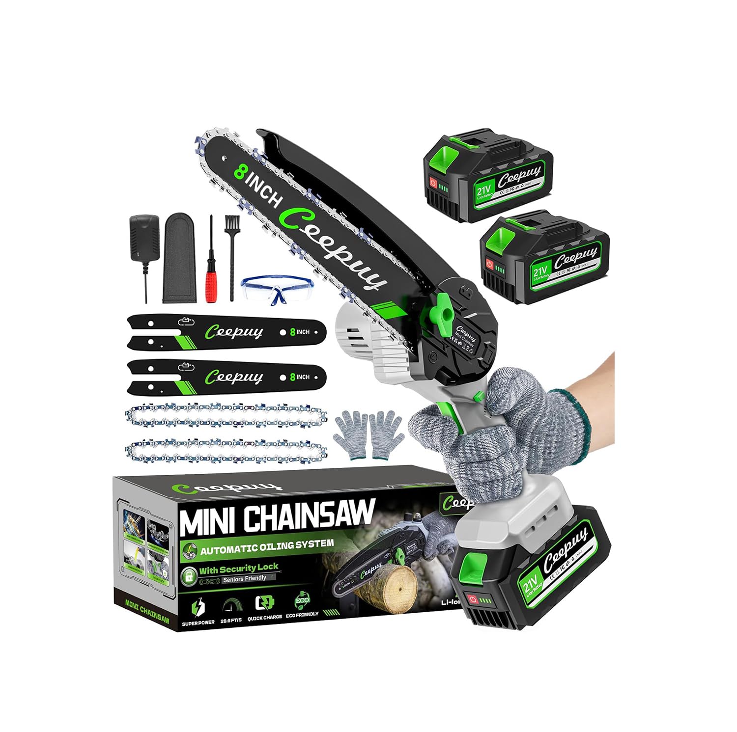 Mini Chainsaw Cordless 8 Inch with 2x 4000mAh Batteries, Portable Electric Chain Saw, Automatic Oiler, Battery Powered Small Handheld Saw, Security Lock Trees Branches Trimming, Wood Cutting, 2026