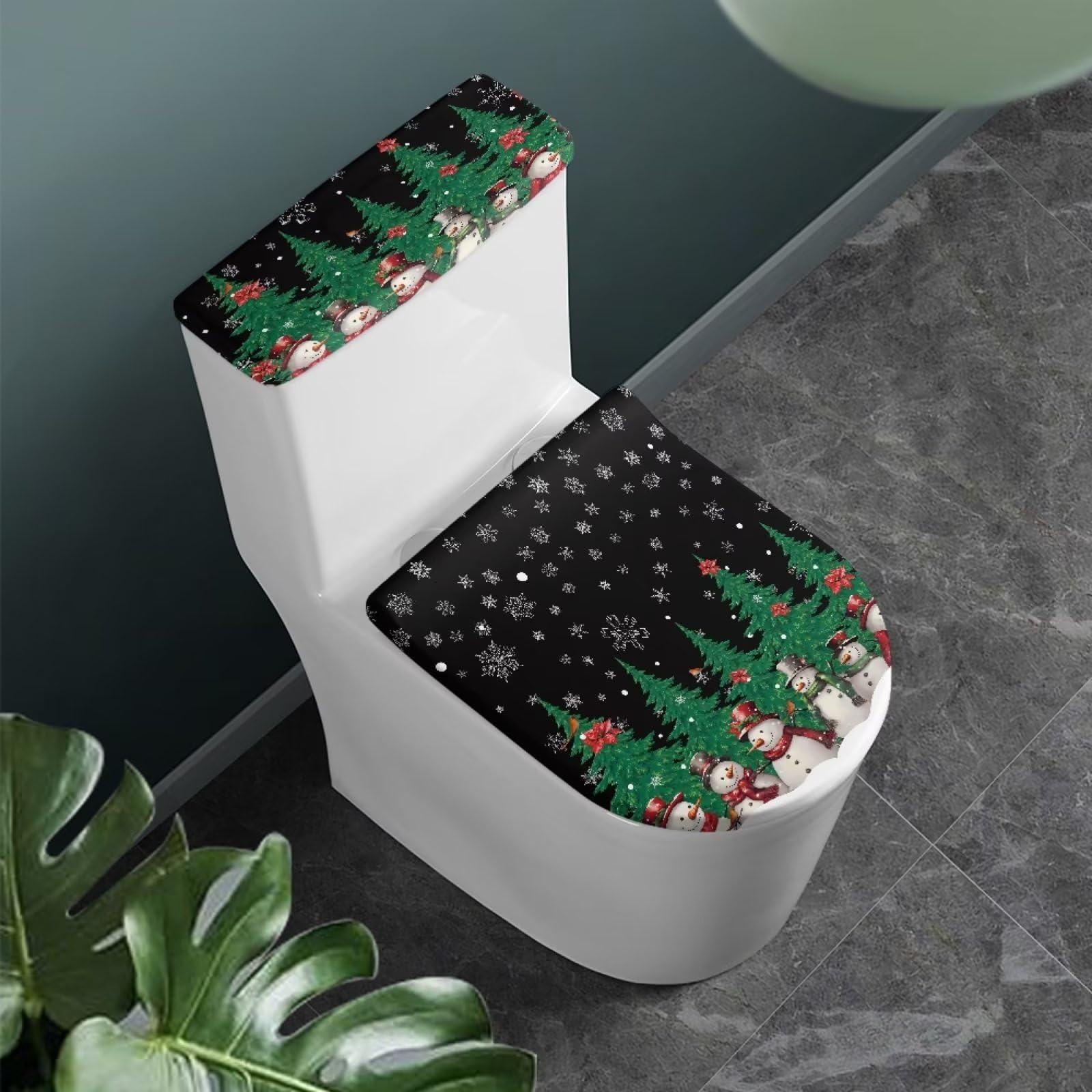 NDISTIN Christmas Tree Bathroom Rug Snowman Bath Rug Dust-Proof Plush Fabric Cover Toilet Tank Cover Toilet Lid Cover