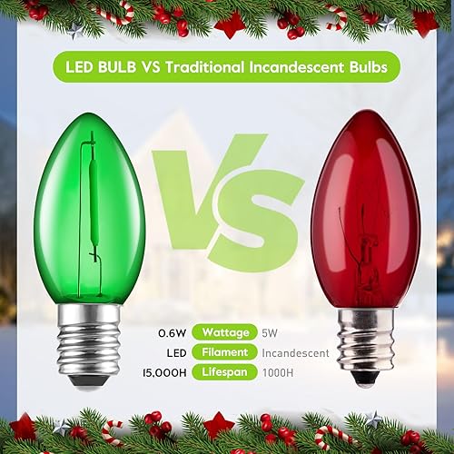 Miniatura 3 de Bombilla LED verde C7 de repuesto para Navidad, bombillas E12 C7 inastillables de repuesto, bombillas regulables de grado comercial para Navidad,