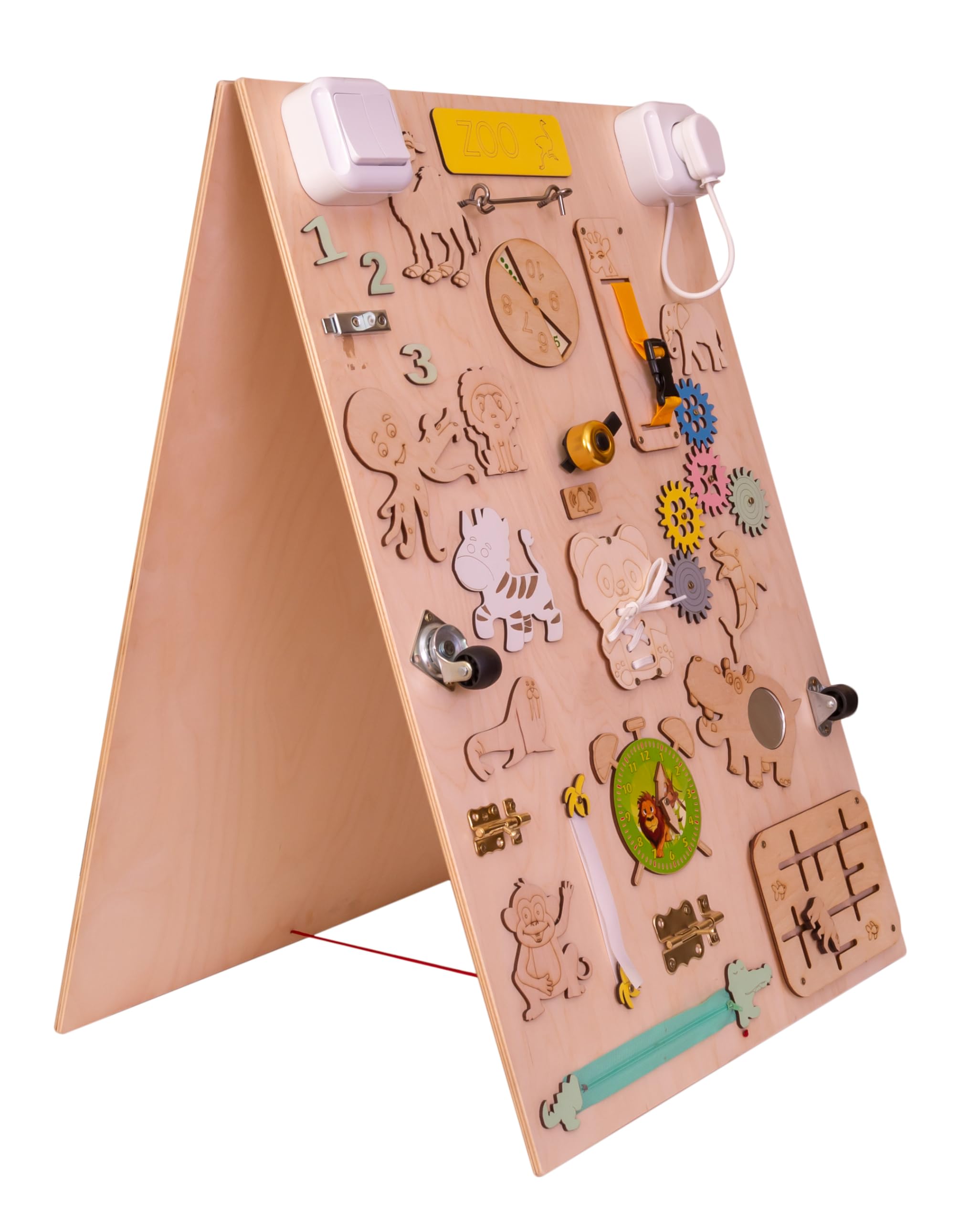 Leo - Quadro di attività sensoriale Montessori Busy Board in legno autoportante double face naturale Zoo 75 cm