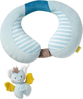 Fehn 065282 Cojín cervical con figura de murciélago, cojín de apoyo, almohada para el cuello con pequeño animal con sonajero para bebés y niños pequeños a partir de 6 meses, Medidas: 24 x 20 cm