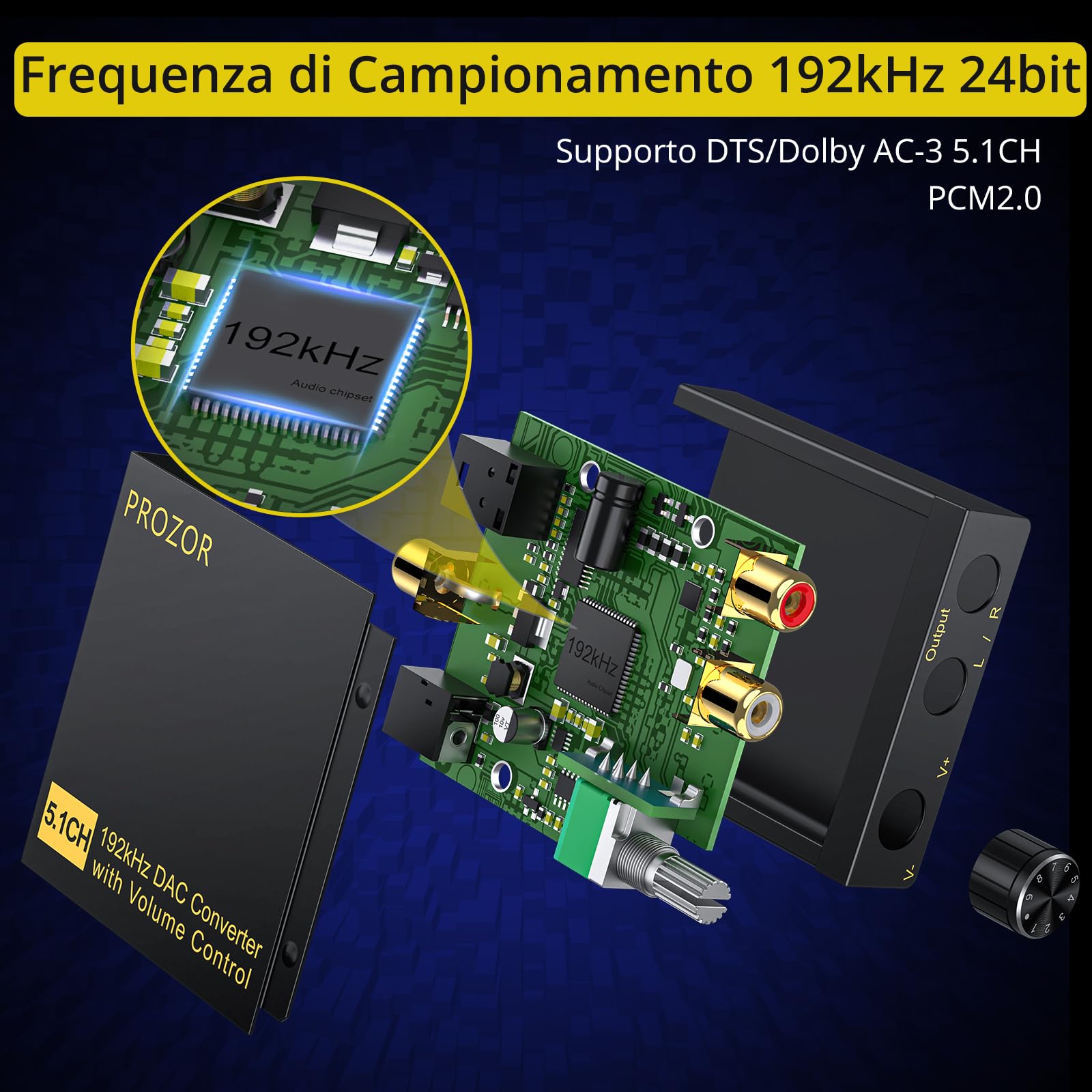 PROZOR D/A Convertitore Digitale ad Analogico Supporta Dolby Digital DTS PCM 5.1CH a 2CH Decodificatore DAC con Volume Regolabile Adattatore Audio Coassiale/SPDIF a RCA con Cavo 2RCA a 3.5mm