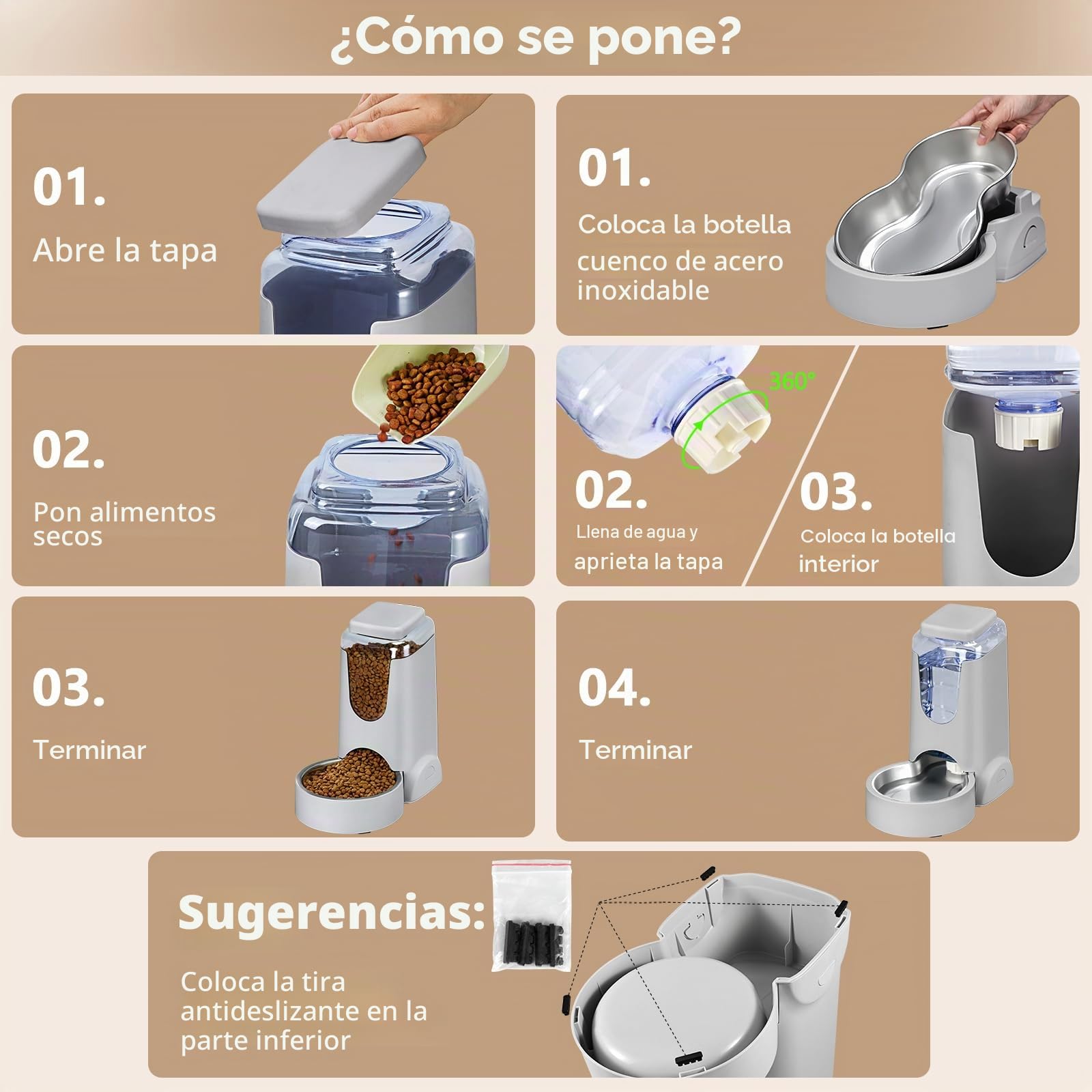 Comedero automático para gatos y perros y dispensador de agua con cuenco de acero inoxidable, alimentador de alimentos por gravedad y bebedero para mascotas pequeñas y medianas, cachorros, gatitos, 1