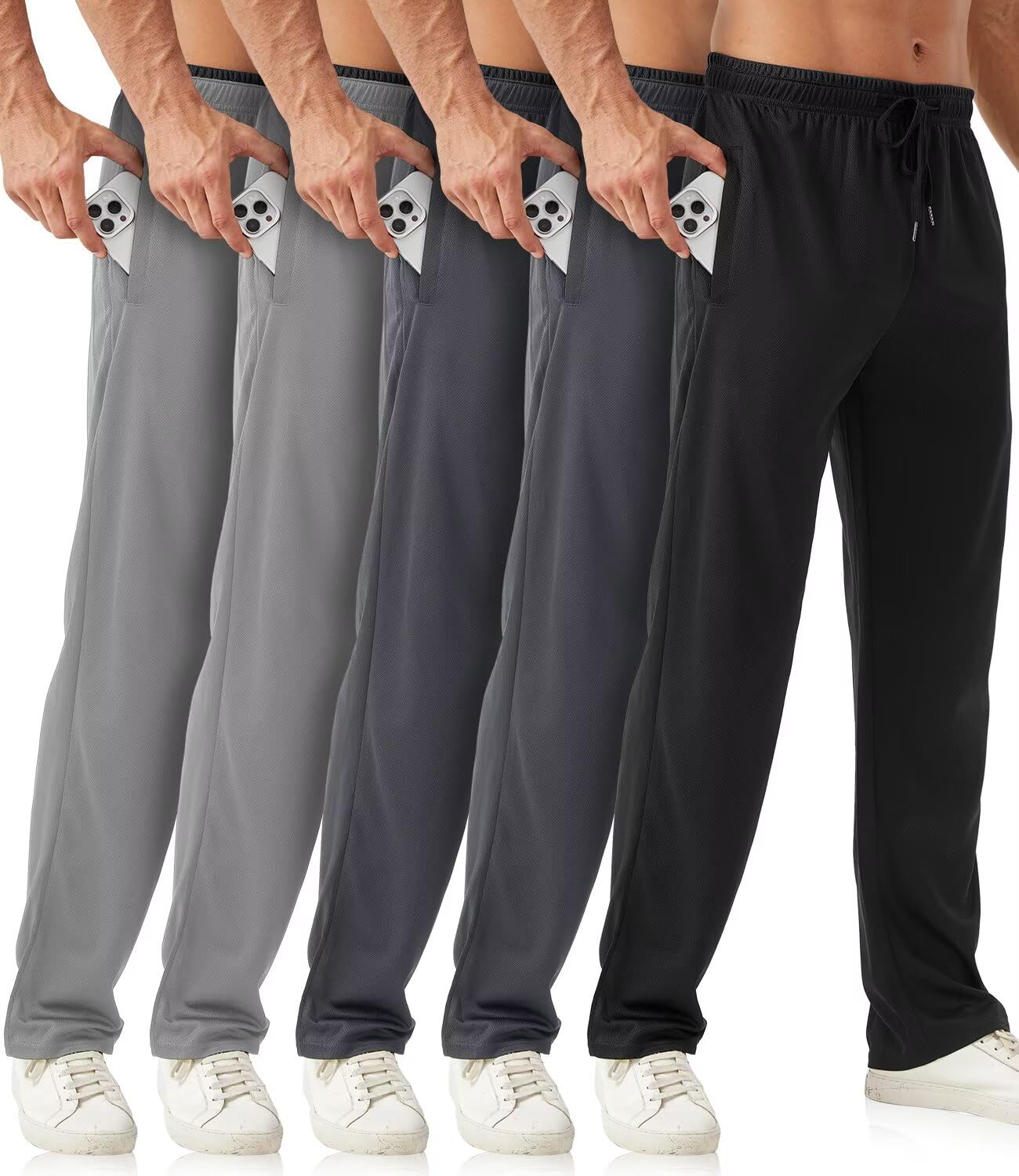 Confezione da 5 pantaloni da jogging da uomo con tasche con cerniera, pantaloni da tuta da uomo con fondo aperto in rete, pantaloni sportivi da uomo per corsa e allenamento, Nero, grigio scuro