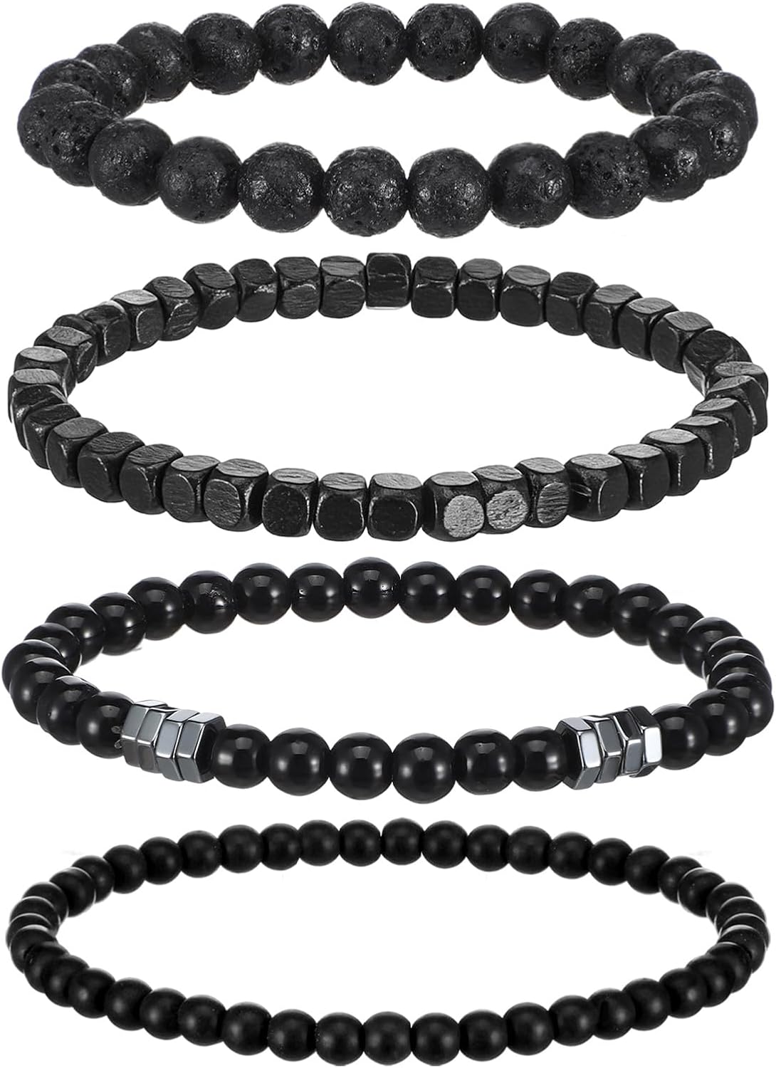 Hecila 4PCS Men’s Bracelet Set Punk Wooden Beads Bracelets Multi - Tiger Eye/Matte Agate/Lava Rock Gothic Bracelet Gifts Stretch Natural Stone Men's Bead Bracelets for Birthday Anniversary Christmas