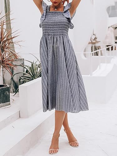 Miniatura 4 de Miessial Vestido midi de verano para mujer, casual, manga corta, vestido de lino fruncido 2025, vestido bohemio para invitados de boda con bolsillos