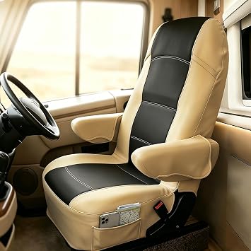 BeadChica 2 Pack RV Seat Covers for Captains Chairs,Motorhome Seat Covers for Class-A RV Seat with Arm Rest Covers Black & Beige