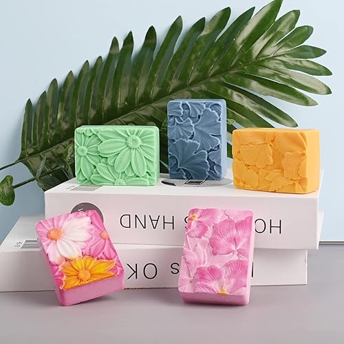 Miniatura 6 de Moukiween Moldes de jabón de silicona, moldes de silicona con patrón de flores rectangulares 3D para jabón hecho a mano, bombas de baño, barras de