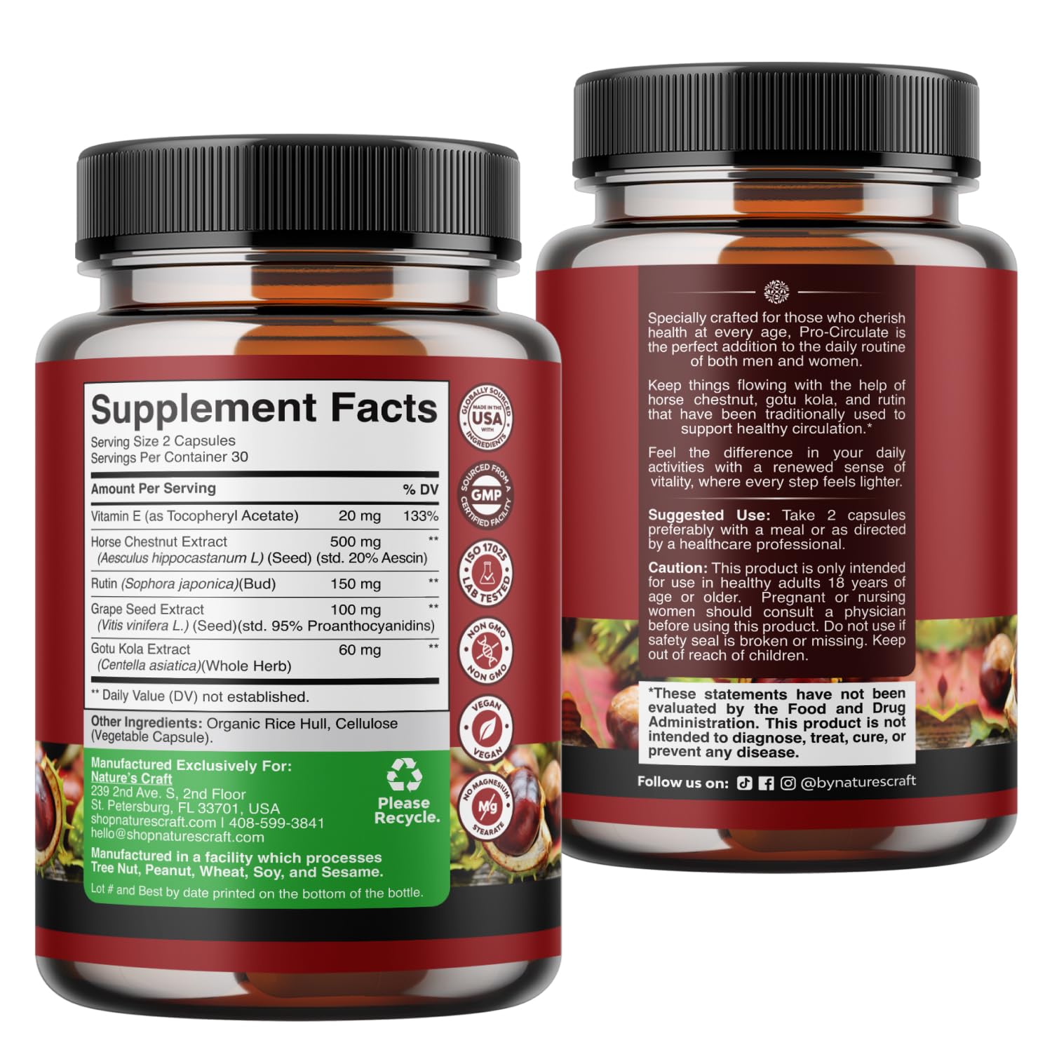Natures Craft Vein Support Supplement for Leg and Veins - Full Body Supplement for Spider & Varicose Veins and Improved Flow with Horse Chestnut Extract - Vegan Non-GMO Capsules - 60 Count — Amazon image 8