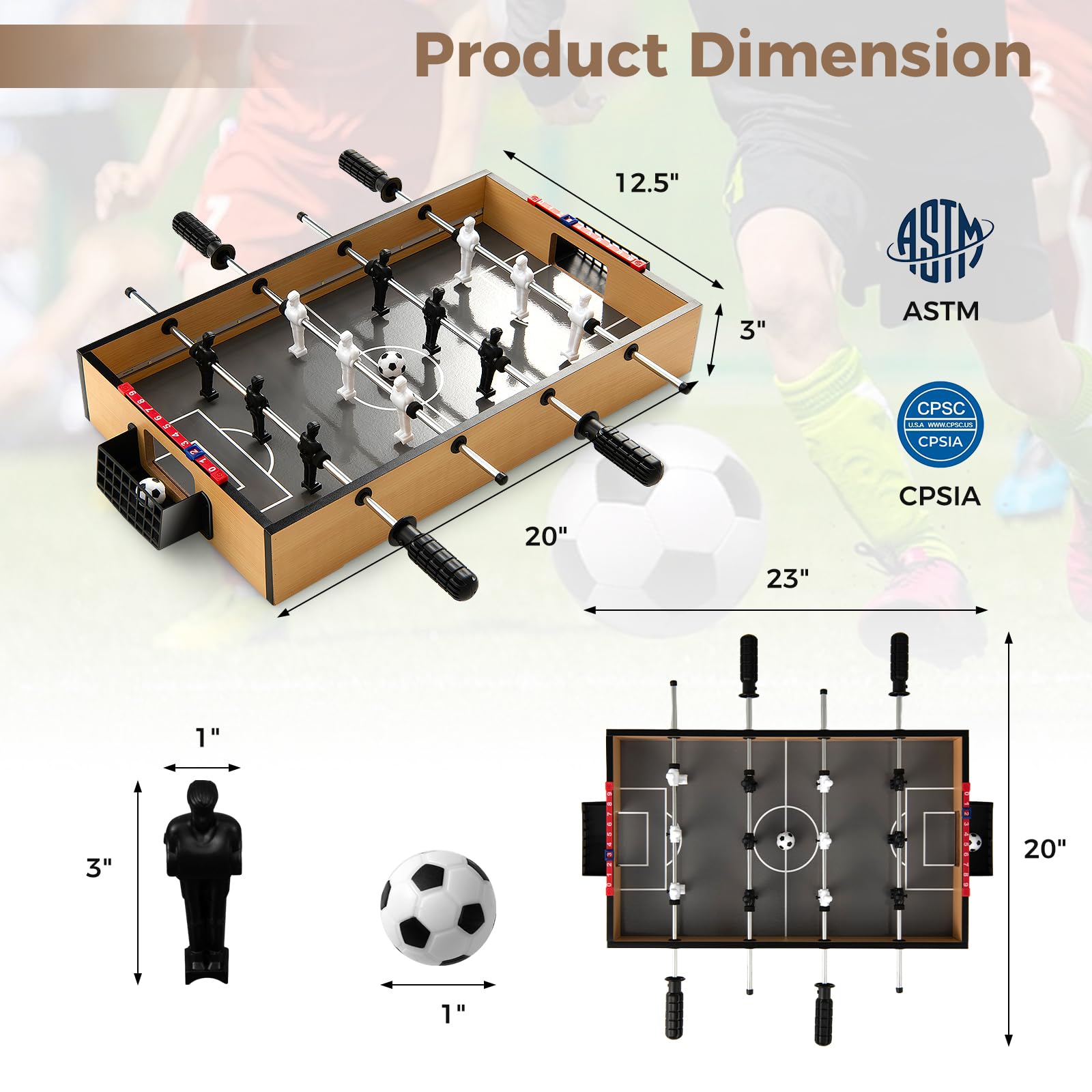 Mesa de futbolín, mini mesa de fútbol de 20 pulgadas con luces LED, 2 pelotas de fútbol, mango antideslizante, mesa de fútbol portátil para interiores para niños y adultos, fiesta, bar, sala de 6