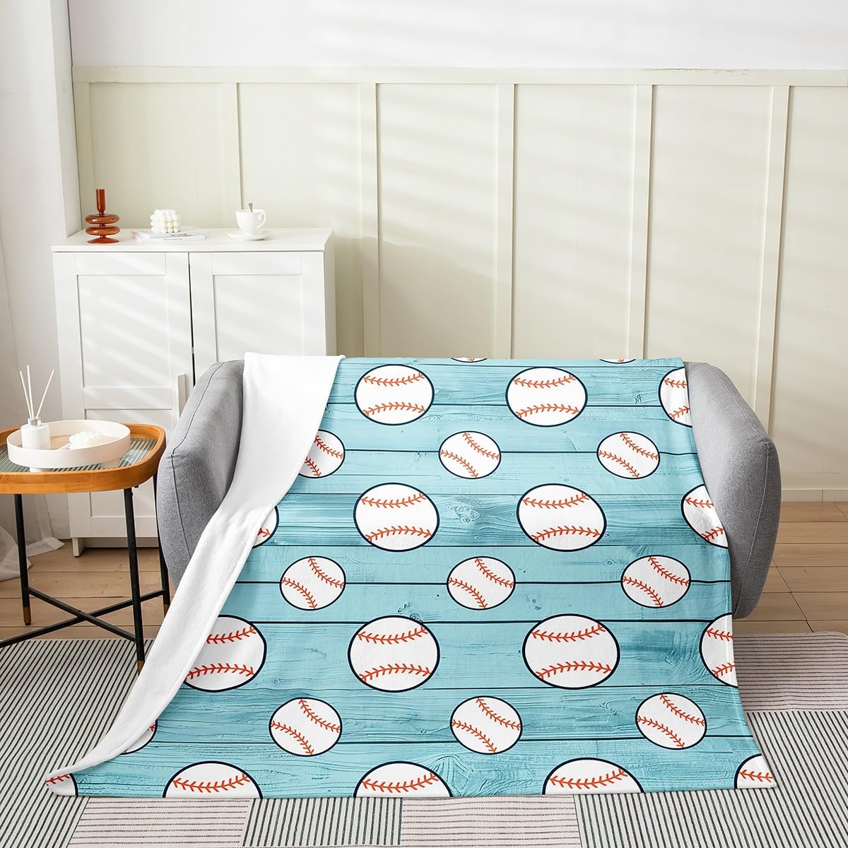 Sport Baseball Flannel Blanket Warm,Red Black Baseball Hand Drawn Ball Pattern Fuzzy Warm Blanket for Boys Girls,Blue Wooden Texture Farmhouse Decor Bed Sofa Couch Blankets Queen 90"x90"