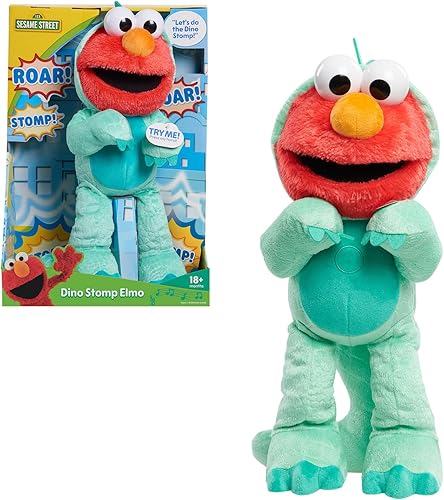 Just Play Sesame Street Dino Stomp Elmo - Peluche de 13 pulgadas, canta y baila, juguetes para niños con licencia oficial para edades de 18 meses,
