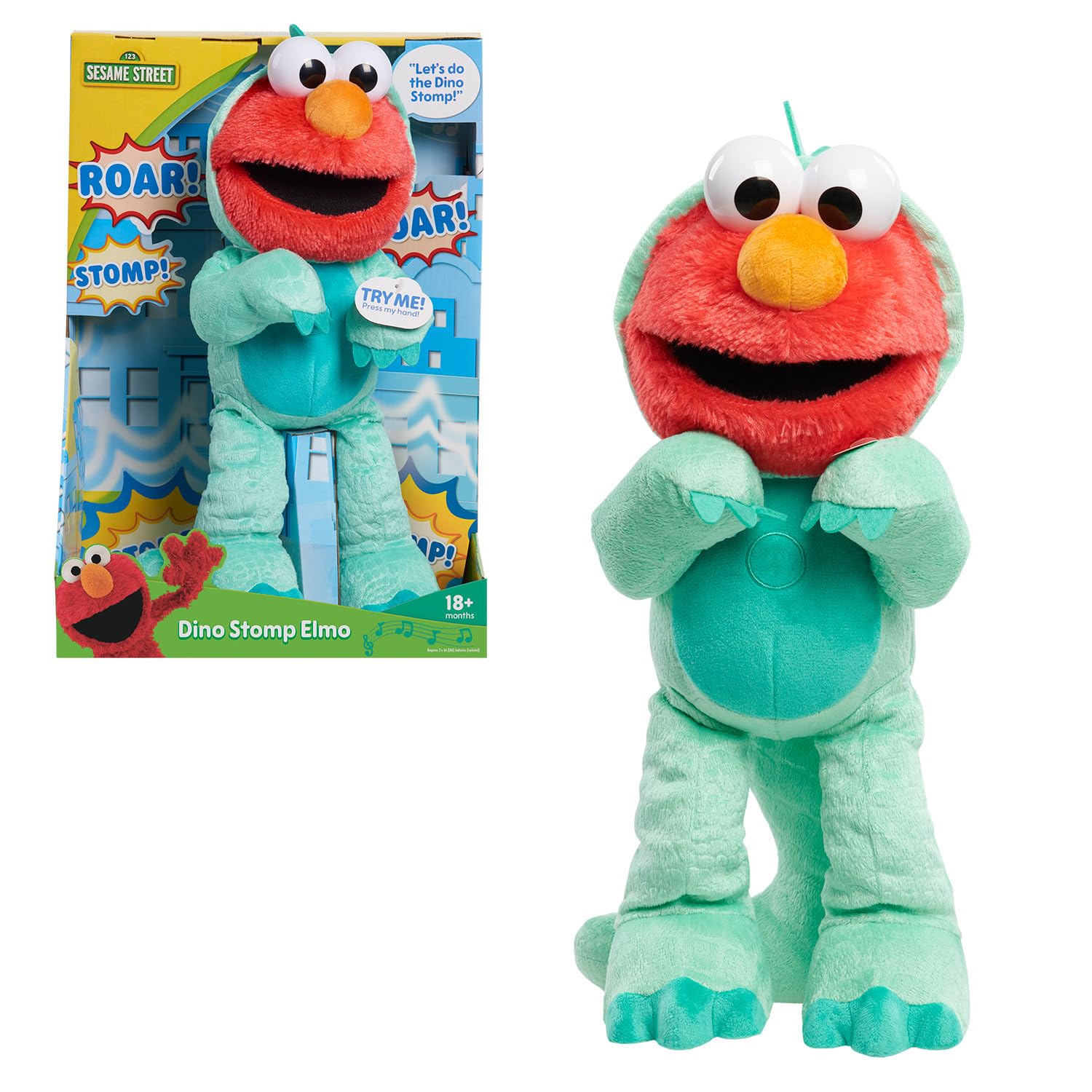 Sesame Street Dino Stomp Elmo 13-Inch Plush Stuffed Animal Sings and Dances, Kids Toys for Ages 18 Month by Just Play