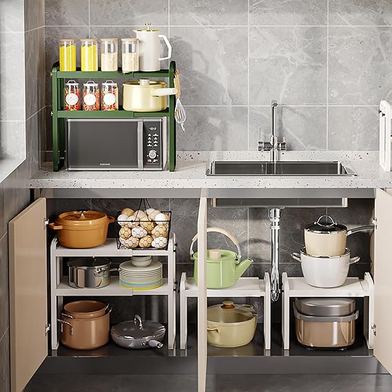 2-Tier Kitchen Counter Organizer Shelf Stand, Kitchen Cupboard Organiser Adjustable,Expandable Storage Rack Shelf Extendable,Microwave Oven Shelf Countertop Kitchen,White,1 Year [Energy Class A]
