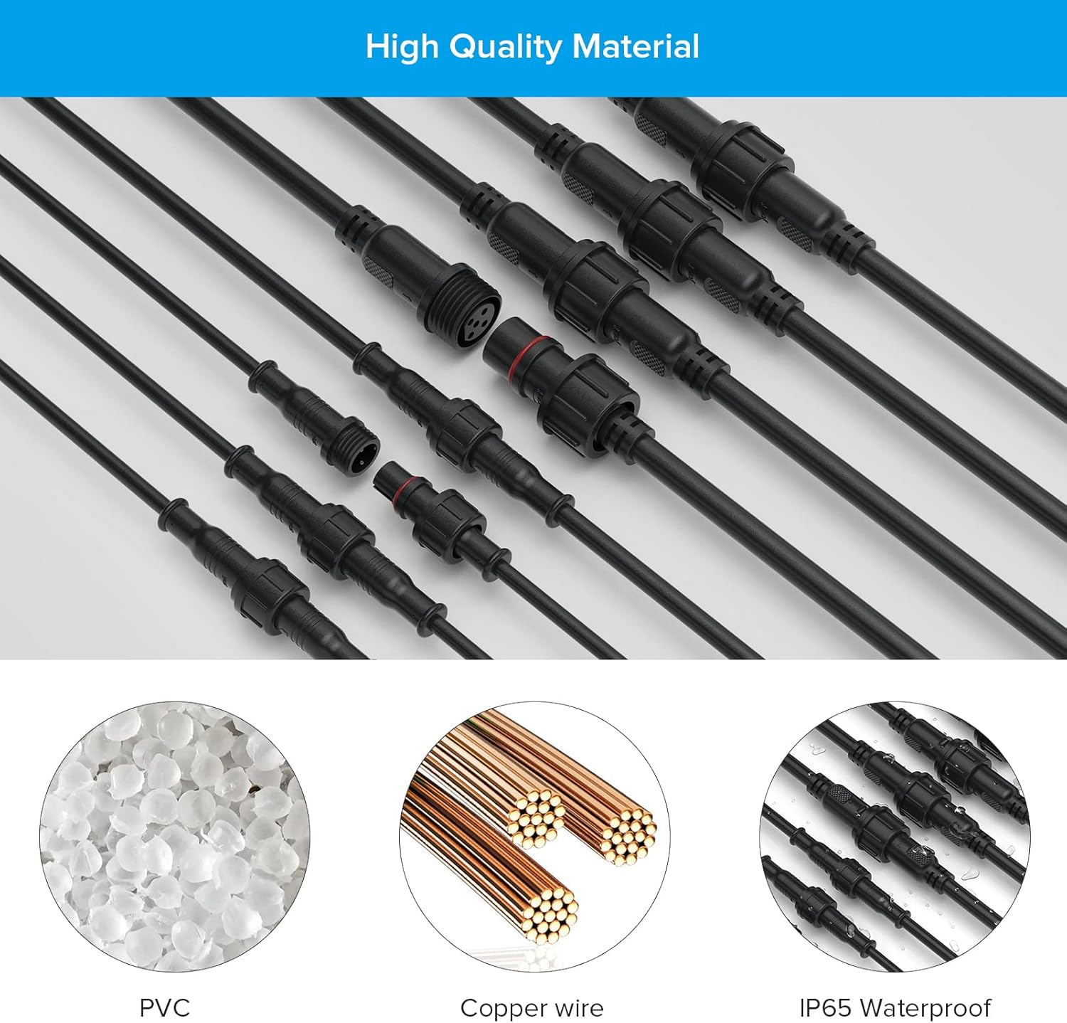 SEZO 3Pin Electrical Connector 18AWG IP65 Waterproof Male Female Connector 7.87in/20cm Extension Cable for Car,Truck,Boat,Indoor/Outdoor LED Strip Lights/String 22mm Nut Big Size 5 Pairs